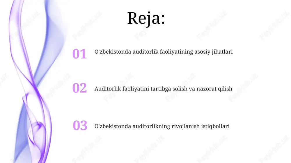 'qligini anglatadi. o'zbekistonda auditorlik tashkilotlari litsenziyaga ega bo'lishi kerak, bunda kamida bitta auditor uch yillik ish tajribasiga ega bo'lishi shart, bu malakali xizmatlarni ta'minlash uchun muhimdir. auditorlar har yili malaka oshirish kurslarida o'qishlari shart, bu esa ularning xalqaro auditorlik standartlari (xas) kabi sohadagi eng so'nggi yangiliklardan xabardor bo'lishini ta'minlaydi. auditorlik tekshiruvlarining turlari moliyaviy hisobot auditi kompaniyaning moliyaviy holati haqida adolatli va to'g'ri fikr bildirishga qaratilgan, 99-sonli xas talablari asosida o'tkaziladi. komplayens audit qonunlar, qoidalar va siyosatlarga rioya qilishni baholaydi, bu 240-sonli xas bo'yicha korrupsiyaga qarshi kurash va aktivlarni himoya qilish uchun muhimdir. operatsion audit samaradorlik va tejamkorlikni oshirishga yo'naltirilgan bo'lib, 330- sonli xas bo'yicha risklarni baholash va jarayonlarni optimallashtirishga yordam beradi. auditorlik xulosalari va hisobotlari auditorlik hisobotlari 700-son xas talablariga asosan tuziladi va kamida 8 ta muhim elementni o'z ichiga olishi kerak, jumladan, xulosa, asos va rahbariyat javobgarligi. auditorlik xulosasi – bu moliyaviy hisobotlar 400-son xasga muvofiq, barcha muhim jihatlar …
