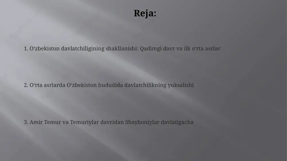 on imperiyasi milodiy i-iii asrlarda gullab-yashnagan. kushon hukmdorlari, xususan kanishka i buddist dinini qo'llab-quvvatlab, buddist san'atining rivojlanishiga katta hissa qo'shgan. turk xoqonligi va arab istilosi turk xoqonligi vi asrda o'rta osiyo hududida hukmronlik qilib, ko'chmanchi turkiy qabilalarni birlashtirdi va siyosiy barqarorlikni ta'minladi, bu esa savdo yo'llarining rivojlanishiga yordam berdi. viii asrda arablar o'rta osiyoni istilo qilib, 751- yilda talas jangida turk xoqonligi va xitoy tang sulolasi ittifoqini mag'lub etdi, bu mintaqada islomning tarqalishiga olib keldi. arab istilosi natijasida mahalliy madaniyat va islom madaniyati o'rtasida o'zaro ta'sir kuchaydi, bu esa ix-x asrlarda somoniylar davlatining yuksalishiga zamin yaratdi. somoniylar va qoraxoniylar davrlari qoraxoniylar davlati xi-xii asrlarda islom dinini qabul qilib, turkiy madaniyatni rivojlantirdi va madaniy aloqalarni kengaytirishga katta hissa qo'shdi. somoniylar davlati ix-x asrlarda markaziy osiyoda ilm-fan va madaniyatning gullab- yashnashiga homiylik qildi, buxoro va samarqand esa muhim markazlarga aylandi. somoniylar va qoraxoniylar davrida dehqonchilik taraqqiy etib, sug'orish tizimlari yaxshilandi, bu esa …