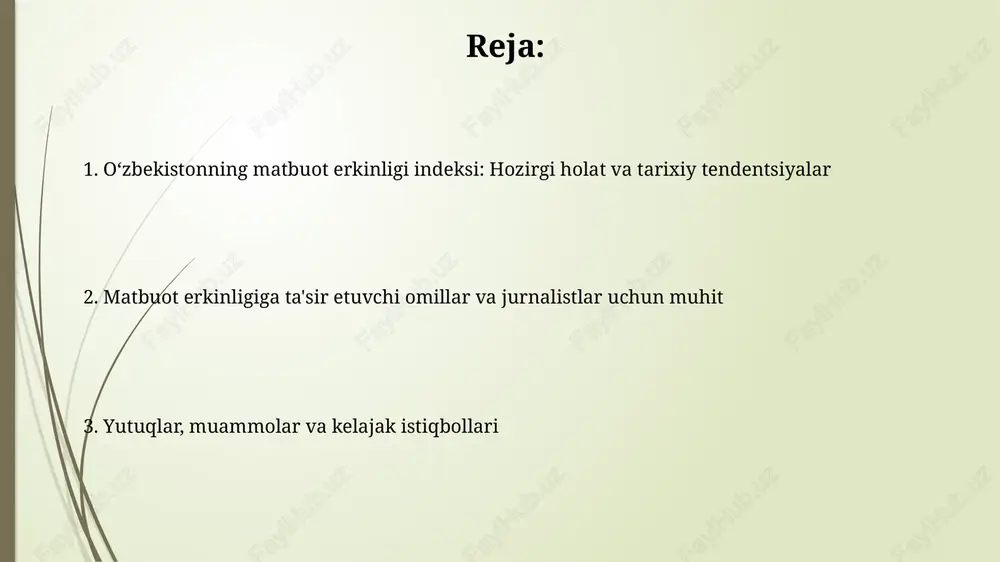 onun bilan tartibga solinadi, ammo undagi ayrim moddalar tanqidni cheklash va senzura imkoniyatini yaratishi sababli xavotir uyg'otadi. davlat nazorati, sensura va o'zini-o'zi senzura o'zbekistonda davlat nazorati asosan oavning litsenziyalanishi va akkreditatsiyasi orqali amalga oshiriladi, bu jarayon shaffof emasligi va tanqidiy qarashlarni cheklashi mumkin. sensura ko'pincha rasmiy emas, lekin siyosiy jihatdan sezgir mavzularni yoritishda o'zini-o'zi senzura keng tarqalgan bo'lib, bu jurnalistlarning xolisligiga ta'sir qiladi. xalqaro tashkilotlarning baholashlari va taqqoslash «chegara bilmas muxbirlar» tashkilotining butunjahon matbuot erkinligi indeksida o'zbekiston 2023-yilda 180 mamlakat ichida 137- o'rinni egalladi, bu avvalgi yillarga nisbatan sezilarli yaxshilanishdir. freedom house o'zbekiston matbuotini «erkin emas» deb baholaydi, ammo ular siyosiy va iqtisodiy muhitdagi asta-sekin yaxshilanishlarni tan oladilar. erishilgan yutuqlar, muammolar va kelajak istiqbollari o'zbekiston 2016-yildan beri matbuot erkinligi indeksida sezilarli o'sishga erishdi, bu davlat siyosatida ijobiy o'zgarishlar va oav muhitining yaxshilanishini ko'rsatadi. cenzura va o'zini-o'zi senzura muammolari saqlanib qolmoqda, bu jurnalistlarning erkin faoliyat yuritishiga to'sqinlik qiladi va axborot tarqatishda …