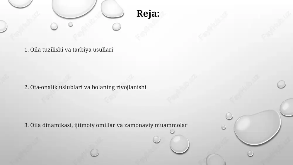 oimiy tanqid va 40% dan ortiq bahs-munozaralar, bolalarda stress darajasini oshirishi mumkin, bu esa xulq-atvor muammolariga olib keladi. ijtimoiy-iqtisodiy va madaniy omillarning ta'siri ijtimoiy-iqtisodiy ahvol bolaning ta'lim olish imkoniyatlariga ta'sir qiladi, kam daromadli oilalar farzandlari 30% hollarda yaxshi maktablarga bora olmaydi. madaniy qadriyatlar tarbiya uslublarini belgilaydi, masalan, kollektivistik jamiyatlarda bolalarni 25% ko'proq guruh manfaatlariga bo'ysundirishga o'rgatiladi. oilaning ijtimoiy-iqtisodiy darajasi bolaning sog'lig'iga ta'sir etadi, past daromadli oilalarda 40% bolalarda surunkali kasalliklar ko'proq uchraydi. akademik muvaffaqiyat va xulq-atvor rivojlanishiga oilaning ta'siri mustahkam oilaviy munosabatlar va ota- onalarning ijobiy namunasi bolalarda 30% ga kamroq xulq-atvor muammolarini keltirib chiqaradi, shu jumladan tajovuzkorlik va itoatsizlik. ota-onalarning bolaning ta'lim olishiga qiziqishi, uy vazifalariga yordam berishi va maktab bilan hamkorlik qilishi bolaning akademik ko'rsatkichlarini 25% ga yaxshilaydi. oila muhitida kitoblar, o'quv materiallari va akademik rag'batlantirishning mavjudligi bolalarning o'qish qobiliyatini 40% ga oshiradi va intizomni rivojlantiradi. oila zo'ravonligi, beparvolik, yetimlik va ajralishning oqibatlari beparvolik, xususan, emotsional beparvolik, bolalarda …