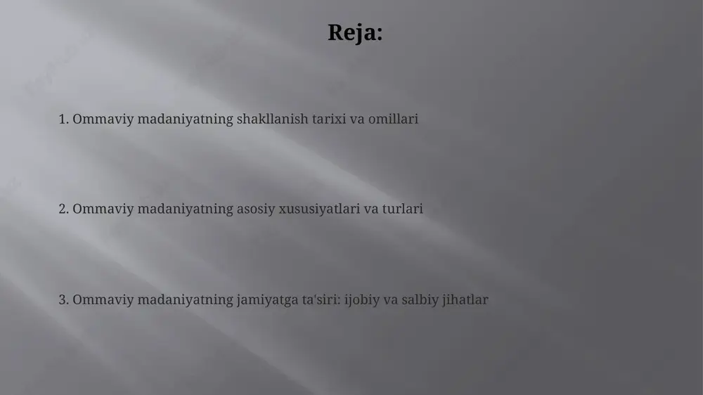 ikni ifodalash tendensiyasini kuchaytiradi. standartlashtirish ommaviy madaniyatda 1950-yillardan beri kuzatiladi, bu esa global miqyosda bir xil modalar va ko'ngilochar mahsulotlarni ommalashtirishga olib keldi. ommaviy madaniyat turlari ommaviy madaniyatning bir turi - bu ommaviy axborot vositalari orqali tarqaladigan mashhur musiqa, masalan, top 40 chartslar yoki 100 milliondan ortiq yuklab olingan qo'shiqlar. kino va televidenie 1 milliard dollardan ortiq daromad keltiradigan blokbaster filmlar va keng tarqalgan seriallar kabi ommaviy madaniyatning asosiy turlaridan biridir. iste'mol madaniyati - bu ommaviy madaniyatning bir turi bo'lib, unda tovarlar va xizmatlarni sotib olish va ishlatish hayotning asosiy qismi bo'lib, yillik xarajatlar 50 trillion dollarga etadi. ommaviy madaniyatning ijobiy va salbiy ta'sirlari salbiy ta'sir - bu yuzakilikka e'tibor qaratish, chuqur fikrlashning yo'qligi va 70% dan ortiq odamlarda tanqidiy fikrlash qobiliyatining pasayishiga olib kelishi mumkin. ommaviy madaniyatning ijobiy tomoni - bu turli xil ko'ngilochar shakllarining keng tarqalishi, bu 24/7 mavjud bo'lib, dam olish va stressni kamaytirishga yordam beradi. bu …