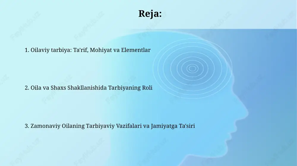 zandlarga 21-asr ko'nikmalarini (kreativlik, tanqidiy fikrlash) o'rgatish, texnologiyalar bilan to'g'ri munosabatni shakllantirishdir. ota-onalarning bandligi, vaqt yetishmasligi oilaviy tarbiyadagi asosiy muammo. yechim sifatida, har kuni kamida 30 daqiqa farzand bilan sifatli vaqt o'tkazish tavsiya etiladi. oilaviy tarbiyaning jamiyatga ta'siri va ta'lim muassasalari bilan hamkorlik sog'lom oilaviy tarbiya jamiyatda 70%gacha ijobiy o'zgarishlarga olib keladi, jinoyatchilik kamayadi, farovonlik ortadi va 100% fuqarolik jamiyati shakllanishiga hissa qo'shadi. ta'lim muassasalari bilan hamkorlikda ota- onalar uchun 12 ta mahorat darslari tashkil etish orqali bolalarning erta rivojlanishi 30%gacha yaxshilanishi mumkin. e'tiboringiz uchun rahmat slide 1 slide 2 slide 3 slide 4 slide 5 slide 6 slide 7 slide 8 slide 9