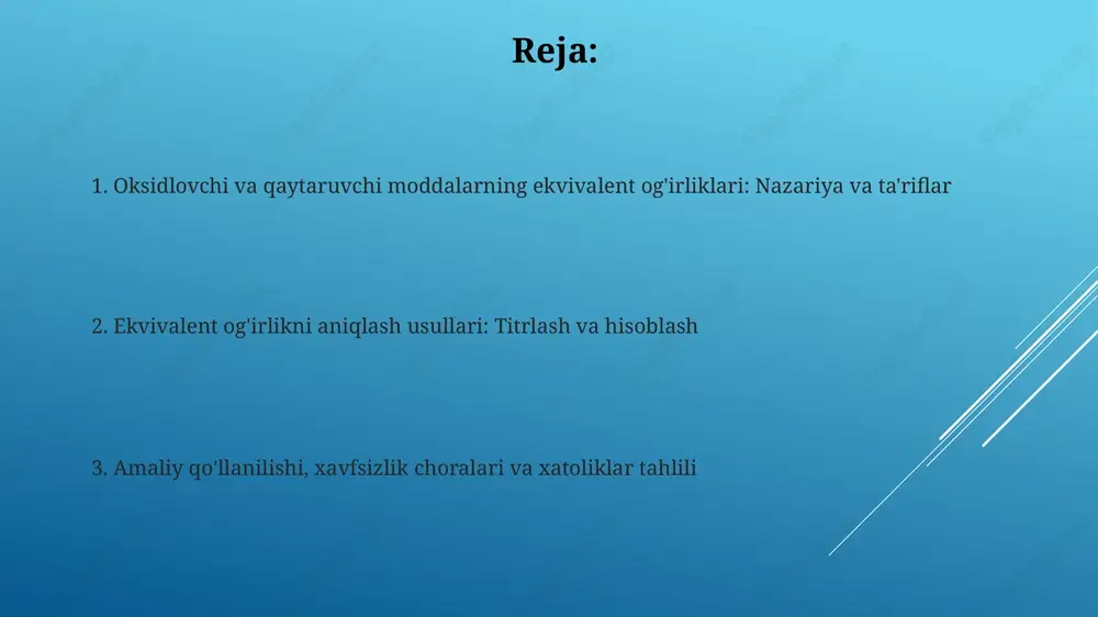 3+ ga oksidlanishida n-faktor 1 ga teng, chunki har bir fe2+ 1 elektron beradi, shuning uchun uning ekvivalent og'irligi atom og'irligiga teng. n-faktor (ekvivalentlik faktori) n-faktor oksidlanish-qaytarilish reaksiyasida moddaning bir moli qabul qiladigan yoki beradigan elektronlar sonini ifodalaydi, masalan, kmno4 uchun n=5 bo'lishi mumkin. ekvivalentlik faktori (n-faktor) moddaning molekulyar massasini uning ekvivalent massasiga aylantirish uchun ishlatiladi, bunda ekvivalent massa = molekulyar massa / n-faktor. titrlash usullari (redoks titrlash) redoks titrlashda oksidlanish-qaytarilish reaksiyasiga asoslangan titrlash usullaridan foydalaniladi, bunda aniqlanuvchi moddaning miqdori standart eritma bilan reaksiyaga kirishish orqali belgilanadi. permanganatometriya 0.02 m kaliy permanganat (kmno4) eritmasidan kuchli oksidlovchi sifatida foydalanadi va ko'pincha tashqi indikatorga muhtoj bo'lmaydi, chunki eritma o'zi rangini o'zgartiradi. standart eritmalarni tayyorlash standart eritmalarni tayyorlashda analitik tozalikdagi moddalardan foydalanish muhim, ularning tarkibi 99,9% dan yuqori bo'lishi kerak, natijalarni aniqligini oshiradi. standart eritma konsentratsiyasi aniq bo'lishi lozim, molyar konsentratsiyasi 0,1 m yoki undan yuqori bo'lgan eritma tayyorlash titrlashda aniqlikni ta'minlaydi. indikatorlar …