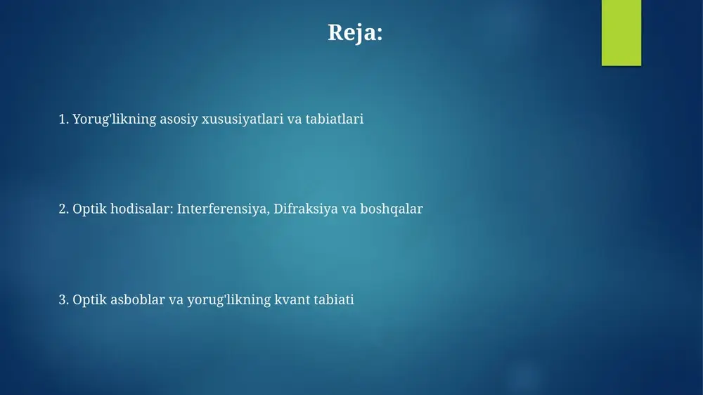 ifodalanadi. optik asboblar, masalan teleskoplar va mikroskoplar, tasvirni kattalashtirish yoki kichraytirish uchun bir nechta linzalarni birlashtiradi, bu esa kuzatilayotgan ob'ektning ko'rinadigan o'lchamini sezilarli darajada o'zgartiradi. yorug'likning kvant xossalari yorug'likning kvantlanishi, planck doimiysi (h ≈ 6.626 x 10^-34 j s) bilan bog'liq bo'lib, yorug'lik ⋅ energiyasi diskret paketlar, ya'ni fotonlar shaklida chiqariladi yoki yutiladi. fotoelektrik effektda, ma'lum bir chastotadan (kesish chastotasi) yuqori bo'lgan yorug'lik metall sirtga tushganda elektronlar chiqariladi, bu esa yorug'likning zarracha xususiyatini ko'rsatadi. optik materiallar va nurlanish optik materiallar nurlanish ta'sirida o'z xususiyatlarini o'zgartirishi mumkin, masalan, uv nurlanishi shishaning rangini o'zgartirishi yoki polimerlarni degradatsiyalashi mumkin. bu 10^15 hz dan yuqori chastotalarda sodir bo'ladi. nurlanishning turli xillari, masalan infraqizil (ir) nurlanish (10^12-10^14 hz), optik materiallar orqali o'tganda ularning haroratini oshirishi mumkin, bu esa refraktsiya indeksiga ta'sir qiladi. e'tiboringiz uchun rahmat slide 1 slide 2 slide 3 slide 4 slide 5 slide 6 slide 7 slide 8 slide 9