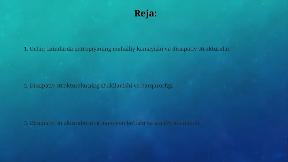vozanatdan uzoqlashishni ta'minlaydi. nochiziqli o'zaro ta'sirlar dissipativ strukturalarning rivojlanishida hal qiluvchi ahamiyatga ega. katalitik jarayonlar yoki avtokataliz kabi nochiziqli mexanizmlar beqarorlikni keltirib chiqaradi. barqarorlik, beqarorlik va avtokataliz barqarorlik sharoitida tizim kichik o'zgarishlarga qarshi turadi va muvozanat holatiga qaytadi; masalan, 25 gradusda suv muvozanatda saqlanadi, beqarorlik esa 100 gradusda qaynatiladi. beqarorlik tizimda katta o'zgarishlarga olib keladi, uzoq vaqt mavjud bo'lolmaydi; misol uchun, 1 dan kam reynold qiymatidagi oqim laminar oqimdan turbulent oqimga o'tadi. avtokataliz - bu reaksiya mahsuloti reaksiyani tezlashtiradigan jarayon; 2 molekula a va 1 molekula b mahsulotni yaratishi bunga misol bo'la oladi. namoyishlar: benard konveksiyasi, kimyoviy soatlar, biologik tizimlar belousov-jabotinskiy reaksiyasi kabi kimyoviy soatlar vaqt bo'yicha davriy o'zgarishlarni namoyon etadi, bu yerda oksidlanish va qaytarilish reaksiyalari katalizatorlar yordamida tartibli ravishda davom etadi. benard konveksiyasida issiqlik gradienti kritik qiymatdan oshganda tartibli naqshlar paydo bo'ladi, bu yerda issiq suyuqlik ko'tariladi va sovuq suyuqlik tushadi, natijada olti burchakli xujayralar hosil bo'ladi. biologik …