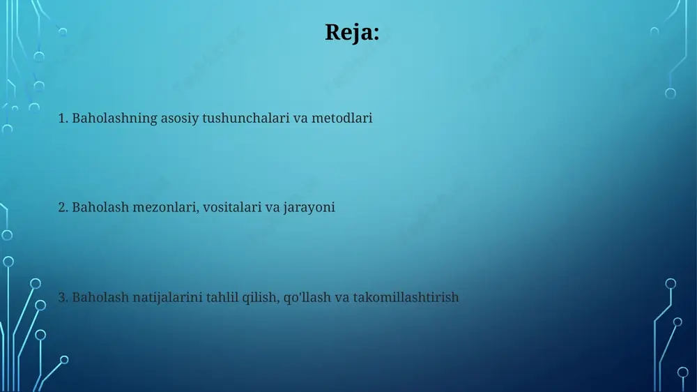 loyihalar) tanlanishi va vaqtinchalik jadval (3-4 hafta) tuzilishi muhim. baholashni rejalashtirishda baholash mezonlari (masalan, 5 ballik tizim) va standartlari (umumiy o'rta ta'lim standarti) o'quvchilar uchun aniq taqdim etilishi va tushuntirilishi kerak. baholash natijalarini tahlil qilish va talqin etish baholash natijalarini tahlil qilishda o'quvchilarning 75%i ma'lum bir topshiriqni bajarganlik darajasini aniqlash va ushbu ko'rsatkichni o'tgan davrlar bilan solishtirish muhim. baholash natijalarini talqin etishda o'quvchilarning 80%i muayyan standartga javob bermagan hollarda, sabablarni aniqlash uchun qo'shimcha tadqiqotlar o'tkaziladi. baholash natijalaridan foydalanish baholash natijalari o'qituvchilarga dars berish strategiyalarini qayta ko'rib chiqishga yordam beradi, masalan, agar 70% talabalar muayyan tushunchani tushunmasa, dars uslubini o'zgartirish kerak. baholash natijalari talabalarni qo'llab-quvvatlash uchun shaxsiy yondashuvlarni ishlab chiqishga yordam beradi, misol uchun, 20% talabalar yuqori natija ko'rsatsa, ularga individual loyihalar taklif qilish mumkin. xolislik va adolat tamoyillari xolislik baholashda shaxsiy fikrlardan xoli bo'lishni anglatadi, barcha talabalarga teng munosabatda bo'lish va har bir talaba uchun 100% bir xil baholash mezonlarini …