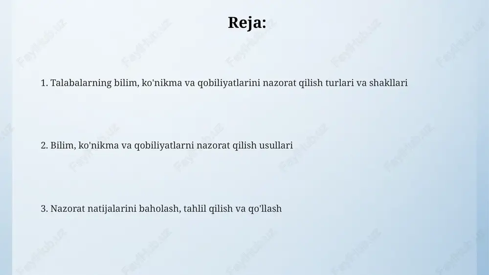 rqali, 5 ta asosiy malakani, xususan, muammoni hal qilish va qaror qabul qilish qobiliyatini rivojlantirishga yordam beradi. baholash mezonlari va shakllari baholash mezonlari talabalarning ishlashini baholash uchun aniq belgilangan standartlar to'plamidir, masalan, 4 ballik shkala va 5 ta asosiy kompetensiya bo'yicha baholash. baholash shakllari talabalar ishini baholash va yozib olish usullarini o'z ichiga oladi, bularga xatolar soni, ballar jamlanmasi va foiz hisobi kabi miqdoriy ko'rsatkichlar kiradi. baholash mezonlari sifat va miqdoriy ko'rsatkichlarni o'z ichiga olishi mumkin, masalan, 70% to'g'ri javob berish va mantiqiy xulosalar chiqarish qobiliyatini namoyish etish. nazoratni tashkil etish va o'tkazish oraliq nazorat semestr davomida 2 marta o'tkaziladi va u 40-60 daqiqa davom etadi, bunda o'quv materiallarining katta hajmi qamrab olinadi va baholash mezonlari aniq bo'lishi shart. nazorat jarayonini tashkil etishda 10-15 daqiqalik qisqa muddatli joriy nazoratdan foydalanish samarali, bunda o'quv materialining kichik bir qismi tekshiriladi. yakuniy nazorat imtihon shaklida bo'lib, 90-120 daqiqa davom etadi. unda o'quv yilining …