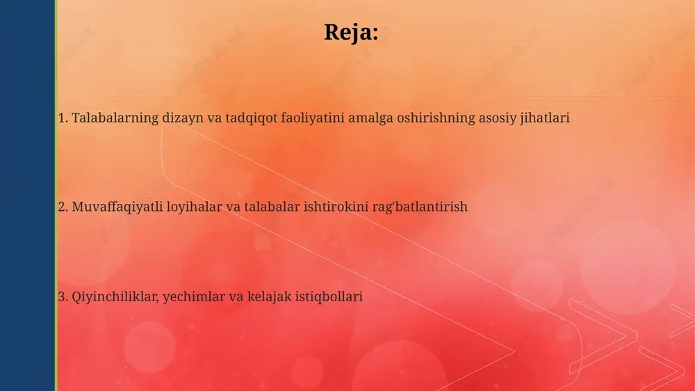 ng aniqligi, natijalarning amaliy ahamiyati va loyihani taqdim etish sifati kabi 5 asosiy jihatga asoslanadi. loyiha natijalarini joriy etish va muvaffaqiyatli misollar loyiha natijalarini joriy etishda 3d modellashtirish orqali yaratilgan prototiplarni ishlab chiqarishga yo'naltirish va ularni sanoat korxonalarida sinovdan o'tkazish katta ahamiyatga ega. talabalar tomonidan yaratilgan dasturiy ta'minot loyihalarini ochiq kodli platformalarda joylashtirish ularning keng qo'llanilishini ta'minlaydi va 200 dan ortiq yuklab olishlarga olib kelishi mumkin. ekologik toza energiya sohasidagi talabalar loyihalari, masalan, quyosh panellari uchun yangi materiallar, 5 yildan so'ng tijoratlashtirilishi va 30% samaradorlikni oshirishi mumkin. talabalar ishtirokini rag'batlantirish usullari grantlar va stipendiyalarni joriy etish, eng yaxshi 5-10 ta loyihaga moliyaviy yordam ko'rsatish, shuningdek, respublika miqyosidagi tanlovlarda qatnashish imkoniyatini berish motivatsiyani oshiradi. talabalarni qiziqarli tadqiqot mavzulari bilan ta'minlash, masalan, ularning sevimli fanlari bo'yicha 2-3 ta taklif berish va loyihalar uchun aniq maqsadlar belgilash orqali rag'batlantirish mumkin. talabalar loyihalarini baholashda 70% ijodkorlik va innovatsiyaga, 30% esa texnik mahoratga e'tibor qaratish, …