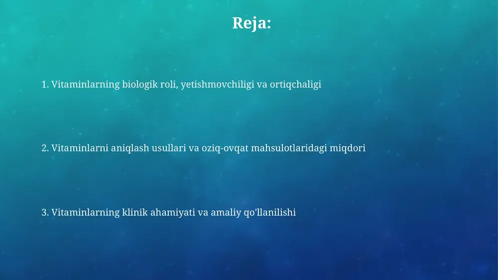 cha vitaminlar tavsiya etilishi mumkin. vitaminlarni aniqlash usullari va oziq-ovqat tarkibidagi miqdori vitaminlarni aniqlash usullari orasida yuqori samarali suyuqlik xromatografiyasi (hplc) keng qo'llaniladi, bu usul bir nechta vitaminlarni bir vaqtning o'zida aniqlash imkonini beradi. oziq-ovqat mahsulotlaridagi vitamin miqdori ko'pincha milligramm (mg) yoki mikrogramm (mcg) bilan ifodalanadi; masalan, apelsinda taxminan 70 mg c vitamini mavjud bo'lishi mumkin. vitaminlarni saqlash, qayta ishlash va qo'shimchalar vitaminlarni saqlashda harorat muhim. masalan, s vitaminini yuqori haroratda saqlash (25°c dan yuqori) uning tarkibini 50% gacha kamaytirishi mumkin, shuning uchun salqin joyda saqlash kerak. oziq-ovqat mahsulotlarini qayta ishlashda, masalan, pishirish paytida b1 vitamini (tiamin) 20-30% gacha yo'qolishi mumkin. bug'da pishirish kabi usullar vitaminlarni yaxshiroq saqlaydi. vitaminlarning klinik ahamiyati, davolashda qo'llanilishi va qishloq xo'jaligida foydalanish klinikada vitamin d raxitni davolashda, osteoporozni oldini olishda va suyak zichligini oshirishda qo'llaniladi, kuniga 400-800 iu dozada qo'llash tavsiya etiladi. vitamin b12 kamqonlikni davolashda muhim rol o'ynaydi, ayniqsa megaloblastik kamqonlikda. dori odatda mushak …