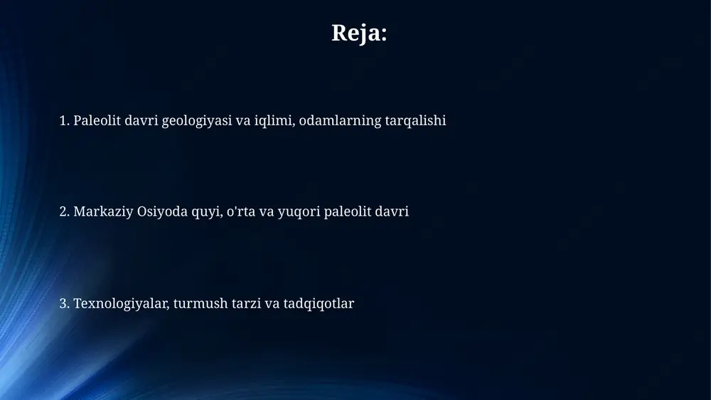 uloq (o'zbekiston) arxeologik yodgorligida 1 million yilga yaqin bo'lgan tosh qurollar, masalan, keskichlar va qo'l boltalari topilgan. bu hududda dastlabki odamlarning mavjudligini tasdiqlaydi. o'rta paleolit davri madaniyati o'rta paleolit davrida markaziy osiyoda mouster madaniyati keng tarqalgan bo'lib, unda 100 ming yildan 40 ming yilgacha bo'lgan davrga oid levallua texnikasi qo'llanilgan tosh qurollar topilgan. o'rta paleolit davri odamlari neandertal odamlari bo'lib, ular g'orlarda yashashgan va 20-30 kishilik kichik guruhlarda ov qilishgan hamda o'simliklar yig'ish bilan shug'ullanishgan. o'rta paleolit davri arxeologik topilmalari shuni ko'rsatadiki, odamlar o'liklarni dafn qilish marosimlarini o'tkazishgan. ba'zi qabrlardan 50 ming yilga oid bo'yoqlar va bezaklar topilgan. yuqori paleolit davri san'ati va texnologiyalari yuqori paleolit davrida odamlar suyak, shox va tishdan yasalgan buyumlarni yaratishni o'rgandilar, masalan, ignalar, bigizlar va har xil bezaklar, taxminan 40 000 yil avval. markaziy osiyoda yuqori paleolit davrida tosh qurollarni tayyorlashning yangi usullari paydo bo'ldi, jumladan, prizmatik nusxa olish, bu esa 30-40 dona pichoqsimon plastinkalarni …