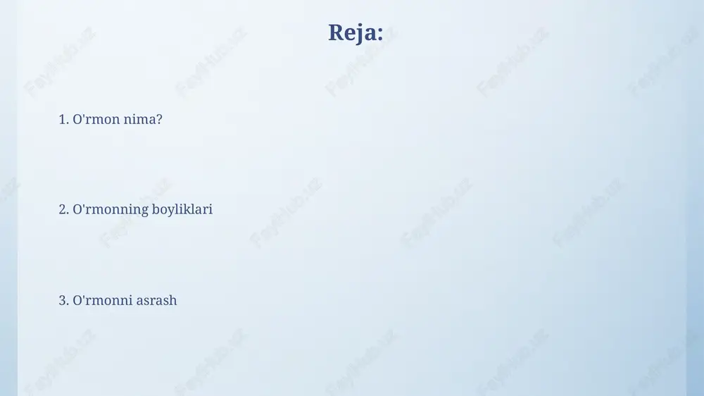 n ishlatiladi. masalan, moychechak yalligʻlanishga qarshi xususiyatga ega. oʻrmonni muhofaza qilish o'rmonlarni muhofaza qilishda o'rmon yong'inlarining oldini olish muhim, chunki birgina yong'in minglab gektar o'rmonni yo'q qilishi va 50 yildan ortiq tiklanishni talab qilishi mumkin. o'rmonni muhofaza qilishda noqonuniy daraxt kesishga qarshi kurash zarur, chunki bu amaliyot o'rmon ekotizimiga jiddiy zarar yetkazadi va bioxilma-xillikning 30 foizga kamayishiga olib kelishi mumkin. oʻrmonga sayohat oʻrmonga sayohat davomida siz 100 dan ortiq turli xil daraxtlar va oʻsimliklarni, shuningdek, 50 ga yaqin qushlar va hayvonlar turlarini koʻrishingiz mumkin. ularning har biri o'ziga xosdir. o'rmon havosi shahardagidan 3-5 barobar toza, chunki daraxtlar fitonsidlar ajratadi. bu biologik aktiv moddalar bakteriyalarni o'ldiradi va immunitetni mustahkamlaydi. e'tiboringiz uchun rahmat slide 1 slide 2 slide 3 slide 4 slide 5 slide 6 slide 7 slide 8 slide 9 slide 10