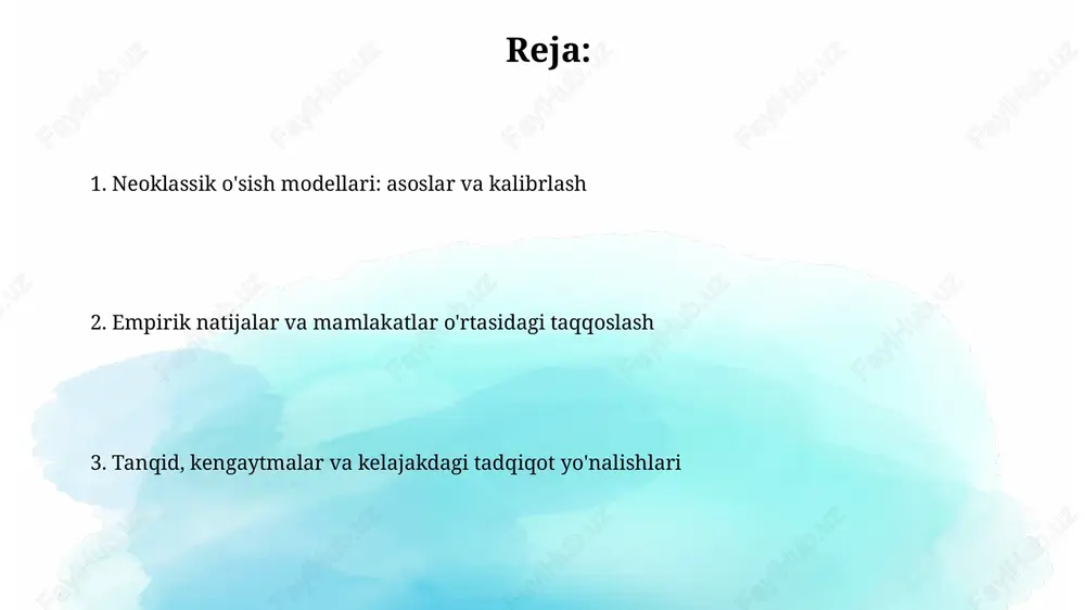 aholash usullari tanqidlar orasida texnologik taraqqiyotning ekzogenligi bor, bu esa o'sishni tushuntirishda 50- 80% qoldiqni tashkil etadi, modelning realizmdan uzoqlashishiga sabab bo'ladi. baholash usullari odatda parametrlarni kalibrlashni o'z ichiga oladi, lekin gmm (umumlashtirilgan momentlar usuli) yoki smm (simulyatsiya qilingan momentlar usuli) kabi rasmiyroq ekonometrik testlar ham qo'llaniladi. dolzarb tadqiqotlar va kelajak yo'nalishlari so'nggi tadqiqotlar atrof-muhitni hisobga olgan holda o'sish modellariga e'tibor qaratmoqda, masalan, uglerod emissiyasining yaimga ta'sirini tahlil qilish orqali, barqarorlikni rag'batlantiradi. kelajak yo'nalishlari innovatsiyalarning iqtisodiy o'sishga ta'sirini yaxshiroq aniqlash uchun mashina o'rganish usullaridan foydalangan holda empirik modellar uchun kengaytirilgan ma'lumotlar to'plamlaridan foydalanishni o'z ichiga oladi. e'tiboringiz uchun rahmat slide 1 slide 2 slide 3 slide 4 slide 5 slide 6 slide 7 slide 8 slide 9