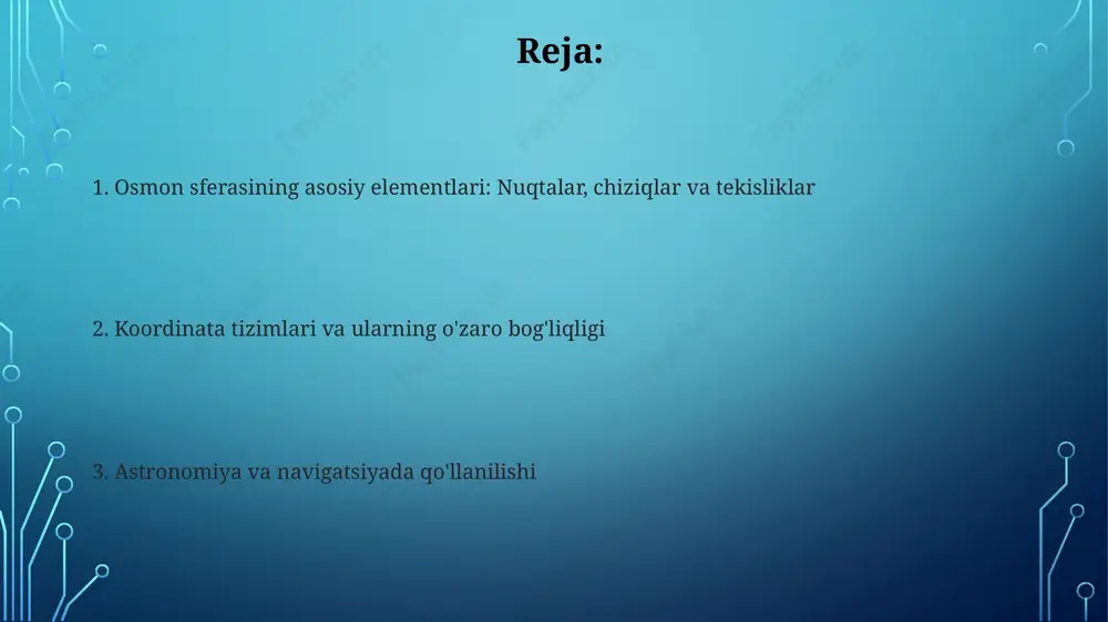 k koordinatalar tizimi galaktik koordinatalar tizimi quyosh tizimi galaktika markaziga nisbatan qanday joylashganligini ko'rsatadi, uzunlik 0 dan 360 gradusgacha va kenglik -90 dan +90 gradusgacha o'lchanadi. galaktik tekislik somon yo'li galaktikasining tekisligidir, galaktik kenglik nol gradusga teng. ushbu koordinatalar tizimi galaktik struktura va komponentlarni o'rganish uchun zarur. nuqtalar, chiziqlar va koordinatalar tizimlari o'rtasidagi bog'liqlik ufq koordinatalari ufq nuqtasi, zenit va nadir kabi asosiy nuqtalardan foydalanadi; vertikal doiralar ushbu nuqtalardan o'tadi va osmon jismning balandligi (0 dan 90 darajagacha)ni aniqlaydi. ekvatorial koordinatalar osmon ekvatori (yer ekvatorining osmondagi proyeksiyasi) va bahorgi tengkunlik nuqtasiga asoslanadi, bunda deklinatsiya (-90 dan +90 darajagacha) va to'g'ri ko'tarilish o'lchanadi. astronomiyada qo'llanilishi: kuzatishlar, navigatsiya va vaqtni aniqlash kuzatishlar asosida, osmon sferasining elementlari yordamida yulduzlar va boshqa osmon jismlarining koordinatalari aniqlanadi, masalan, 1- va 2-ekvatorial koordinatalar orqali joylashuvni topish. astronomik navigatsiyada, quyosh, oy va yulduzlarning ufq koordinatalari (azimut va balandlik) kemalar va samolyotlarning joylashuvini aniqlash uchun ishlatiladi, xatolik darajasi …