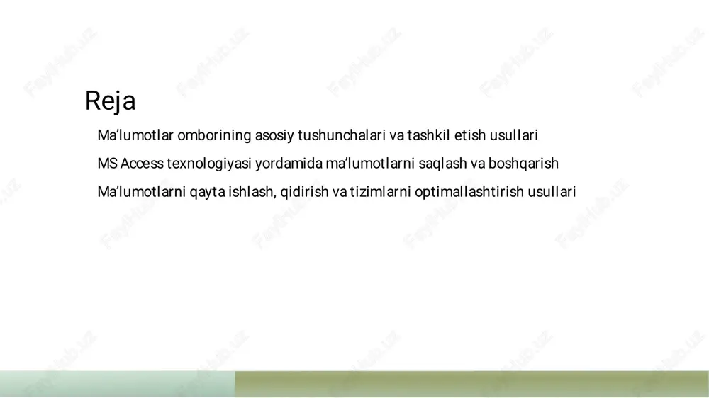liqliklarni soddalashtiradi va tahlil qilishni osonlashtiradi.� ob’ektli model� bumodel ma’lumotlarni ob’ektlar shaklida tashkil etadi, ularni real hayotdagi elementlargamos keladigan tarzda ifodalaydi, rivojlanganroq vamoslashuvchan.� ma’lumotlar ombori arxitekturasi va strukturalari ma’lumotlar ombori arxitekturasi turli ma’lumotlar modellari� ma’lumotlar asosidaquriladi, ularning har biri ma'lumotlarni qanday tashkil� modelining turlari etish vaboshqarishni belgilaydi.� eng keng tarqalganmodel bo‘lib, ma’lumotlar jadval shaklida� klassik relatsion model� tashkil etiladi, bu esama’lumotlarni oson qidirish vabog‘lash� imkonini beradi.� ma’lumotlar omborining strukturalari kengaytirilgan vamodulli� bo‘lib, ular tizimningmustahkamligi, kengaytirilishi va� ma’lumotlar xavfsizligini ta’minlaydi.� strukturalari� ma’lumotlarni boshqarishda standartlar va best practices� 1� standartlarni belgilash� 2� yaxshi amaliyotlar� 3� hujjatlashtirish va� nazorat� ma’lumotlarni boshqarishdaaniq� boshqaruv jarayonlaridaeng� har bir jarayon vaqoidalarni� va qabul qilingan standartlarni� yaxshi metod va texnologiyalarni� yozma ravishdahujjatlashtirish,� joriy etish, ma’lumotlar� qo‘llash, samaradorlikni oshiradi� nazorat qilish va yangilash� xavfsizligi va integritetini� va xatoliklarni kamaytiradi.� tizimini yuritishmuhim� ta’minlash uchunmuhimdir. ahamiyatgaega.� ma’lumotlar omborini tashkil etishda ehtiyotkorlik va xatoliklarni oldini olish� 1� 2� 3� ma’lumotlarni ehtiyotkorlik� yozilish …