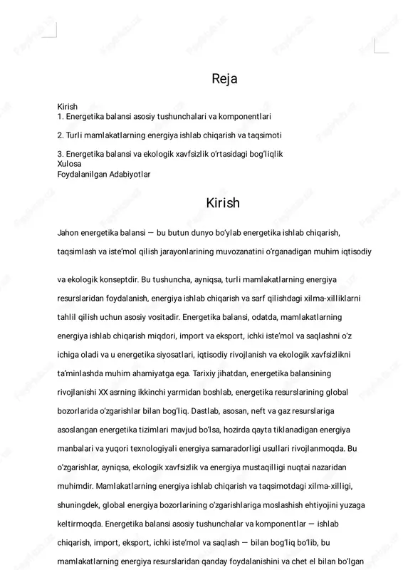 shini va chet el bilan bo‘lgan savdo aloqalarini ko‘rsatadi. bu soha, shuningdek, iqtisodiy barqarorl ik, ekologik xavfsizl ik va energiya resurslarining uzoq muddatl i ta’minoti uchun strategik ahamiyatga ega. mamlakatlar uchun energiya balansi, ular energetika siyosatlarini shakllantirishda va energetika bozorlarining rivojlanishiga moslashishda muhim asos bo‘l ib xizmat qiladi. hozirgi zamonda, energetika balansi bo‘yicha ol ib borilayotgan tadqiqotlar, ayniqsa, energiya ishlab chiqarish va iste’moldagi o‘zgarishlarni, migratsiyalarni va texnologik innovatsiyalarni o‘rganishga qaratilgan. yirik ilmiy markazlar va xalqaro tashkilotlar bu sohada faol iyat yuritadi, ular orqal i energetika� resurslarining cheklanganl igi, ekologik muammolar va siyosiy muvofiql ik� muammolarini hal qil ish uchun yangi texnologiyalar va siyosiy yondashuvlar ishlab chiqilmoqda. jahon energetika balansi, shuningdek, mamlakatlarning iqtisodiy va ekologik rivojlanishi uchun asosiy ko‘rsatkichdir. bu muhim konsept, global energiya bozorlarining dinamikasini tushunish va kelajakda barqaror energetika tizimlarini shakllantirish uchun muhim asos bo‘l ib xizmat qiladi. bu soha bo‘yicha ol ib borilayotgan tadqiqotlar va tahl illar, energiya …