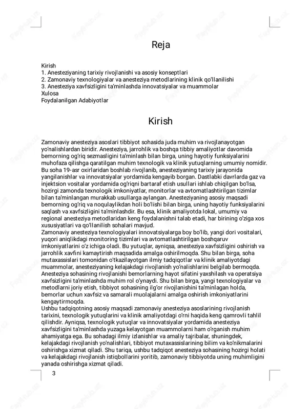 sining rivojlanishi bemorlarning hayot sifatini yaxshilash va operatsiya xavfsizl igini ta’minlashdamuhim rol o‘ynaydi. shu bilan birga, yangi texnologiyalar va metodlarni joriy etish, tibbiyot sohasining ilg‘or rivojlanishini ta’minlagan holda, bemorlar uchun xavfsiz va samarali muolajalarni amalga oshirish imkoniyatlarini kengaytirmoqda.� ushbu tadqiqotning asosiy maqsadi zamonaviy anesteziya asoslarining rivojlanish tarixini, texnologik yutuqlarini va klinik amaliyotdagi o‘rni haqida keng qamrovli tahlil qil ishdir. ayniqsa, texnologik yutuqlar va innovatsiyalar yordamida anesteziya xavfsizl igini ta’minlashda yuzaga kelayotgan muammolarni ham o‘rganish muhim ahamiyatga ega. bu sohadagi ilmiy izlanishlar va amaliy tajribalar, shuningdek, kelajakdagi rivojlanish yo‘nalishlari, tibbiyot mutaxassislarining bil im va ko‘nikmalarini oshirishga xizmat qiladi. shu tariqa, ushbu tadqiqot anesteziya sohasining hozirgi holati va kelajakdagi rivojlanish istiqbollarini yoritib, zamonaviy tibbiyotda uning muhimligini yanada oshirishga xizmat qiladi.� 3� i. anesteziyaning tarixiy rivojlanishi va asosiy konseptlari� anesteziyaning tarixiy rivojlanishi insoniyat tibbiyotining eng muhim bosqichlaridan biri hisoblanadi. bu soha 19-asr oxirlarida shakllanib, jarrohlik amaliyotlarining muvaffaqiyatl i amalga oshiril ishi uchun asos …