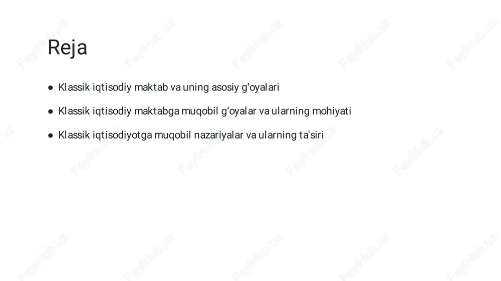 ningdek, nazariy asoslarni mustahkamladi.� 02� asosiy farqlari� klassik maktab erkin bozor va erkin raqobatga katta e'tibor qildi, davlat aralashuvini kamaytirib, iqtisodiy jarayonlarning tabiiyligini ta'kidlagan.� 03� iqtisodiy fikrga ta'siri� klassik nazariyalar, ayniqsa, malcolm, rikardo va maltusfikrlari, hozirgi iqtisodiy nazariyalarga va siyosiy qarorlarga muhim ta'sir ko'rsatdi.� klassik iqtisodiy maktabning cheklovlari va muammolari bilan tanishish.� ilmiy cheklovlar� klassik iqtisodiyotning asosiy cheklovlaridan biri bo‘lib, u real iqtisodiy sharoitlar va inson xulq- atvoridagi murakkabliklarni to‘liq aksettirmaydi. bu iqtisodiy qonunlar ideal sharoitda amal qiladi deb faraz qilinadi, ammo amalda ko‘plab muammolar yuzaga keladi.� nazariyaviy oddiylik� klassik maktabning modellari va farazlari juda oddiy va idealistik bo‘lib, iqtisodiy jarayonlarning murakkabligini va o‘zgaruvchanligini yetarlicha yoritmaydi. bu esa real hayotdagi muammolarni hal qilishda cheklovlar keltirib chiqaradi.� ijtimoiy muammolar� klassik iqtisodiyotda ijtimoiy va siyosiy muhim muammolar, masalan, tengsizlik, resurslarning notog‘ri taqsimoti va ekologik muammolar kam e'tiborga olinadi. bu esa zamonaviy iqtisodiy muammolarni hal qilishda cheklovlar yaratadi.� klassik maktabga muqobil gʻoyalar: yangi …