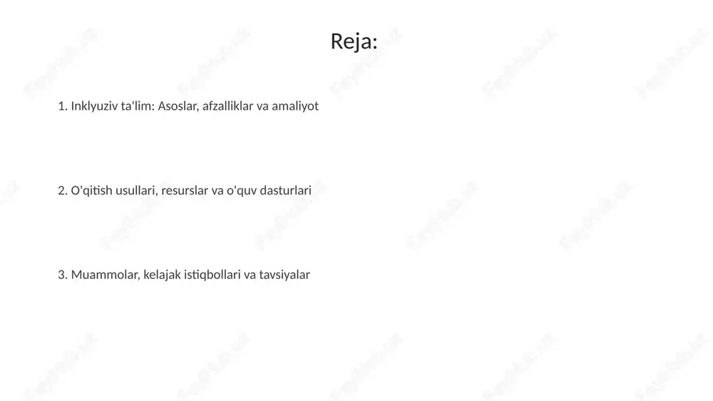 oqalarni ta'minlaydi, bu esa tengdoshlar bilan munosabatlarni yaxshilaydi. muammolar, muvaffaqiyatli amaliyotlar, kelajak istiqbollari va tavsiyalar muammolar orasida resurslarning cheklanganligi, jumladan, malakali o'qituvchilar yetishmasligi, infratuzilmaning moslashuvchan emasligi va inklyuziv ta'limga doir noto'g'ri tushunchalar mavjud, ularni hal qilish zarur. muvaffaqiyatli amaliyot misollari orasida 2023-yilda boshlangan "har bir bola maktabga" dasturi bo'lib, unda 50 dan ortiq maktabda maxsus ehtiyojli bolalar uchun moslashuvchan ta'lim muhiti yaratilgan. kelajak istiqbollari o'qituvchilarni tayyorlash uchun 2025-yilgacha mo'ljallangan milliy strategiyani ishlab chiqish, texnologiyalardan kengroq foydalanish va ota-onalarni faol jalb qilishni o'z ichiga oladi. e'tiboringiz uchun rahmat slide 1 slide 2 slide 3 slide 4 slide 5 slide 6 slide 7