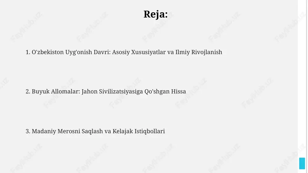 ga joriy etishi ilm-fanning rivojlanishiga katta hissa qo'shdi. astronomiya sohasida mirzo ulug'bekning samarqand rasadxonasida tuzgan 'ziji jadidi ko'ragoniy' asari, 1018 ta yulduzning joylashuvini aniq ko'rsatib, jahon fani uchun muhim ahamiyatga ega bo'ldi. adabiyot va san'at gullab-yashnashi xv asrda alisher navoiyning 30 dan ortiq asarlari, jumladan, "xamsa" turkumida yaratilgan 5 ta doston adabiyotda o'zbek tilining yuksalishiga olib keldi. kamoliddin behzodning 100 dan ortiq miniaturalari san'atda realizm va badiiy nafosatni mujassam etib, samarqand maktabi uslubini rivojlantirdi. uyg'onish davrida 70 dan ortiq shoirlar va yozuvchilar ijod qilgan, ular she'riyat va nasrda insonparvarlik g'oyalarini targ'ib etib, adabiy merosni boyitdilar. me'morchilik durdonalari shohizinda majmuasi, samarqandda joylashgan bo'lib, xiv-xv asrlarga oid noyob maqbaralar ansambli bo'lib, o'zining rang-barang koshinlari va murakkab geometrik naqshlari bilan mashhur, bu o'ziga xos me'moriy durdona hisoblanadi. amir temurning buyrug'i bilan samarqandda bunyod etilgan bibixonim masjidi, 1399-1404 yillarda qurilgan bo'lib, o'zining ulkan o'lchamlari va hashamatli bezaklari bilan ajralib turadi, bu davr me'morchiligining yorqin …