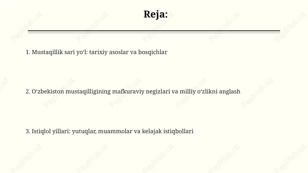 osmachilik harakati. bu harakat 1930-yillargacha davom etib, minglab insonlarning qurbon bo'lishiga olib keldi. sovet davridagi siyosat: bosim va qarshilik sovet davrida o'zbekistonda paxta monokulturasi siyosati joriy etildi. bu resurslarni ekspluatatsiya qilish va moskva tomonidan iqtisodiy nazoratni kuchaytirishga olib keldi. 1930-yillarda stalin qatag'onlari o'zbek ziyolilarining ko'p qismini yo'q qildi. bu milliy o'zlikni anglash va mustaqillik g'oyalarining rivojlanishiga katta zarar yetkazdi. ikkinchi jahon urushi davrida o'zbekiston front orti bazasiga aylantirildi. millionlab evakuatsiya qilinganlar joylashtirildi, ammo bu respublikaning resurslariga bosim o'tkazdi. “qayta qurish” va oshkoralik: oʻzgarish umidlari oshkoralik, yaʼni "glasnost" siyosati 1980-yillarning oxirida soʻz erkinligi va axborot ochiqligini oshirishga qaratilgan boʻlib, kommunistik partiyani tanqid qilish imkoniyatini yaratdi. "qayta qurish" 1985-yilda boshlangan iqtisodiy va siyosiy islohotlar davri boʻlib, sovet jamiyatini modernizatsiya qilish umidini uygʻotdi, lekin qiyinchiliklar ham paydo boʻldi. markaziy hokimiyatning zaiflashuvi va milliy oʻzlikni anglashning kuchayishi "qayta qurish" davrida oʻzbekistonda mustaqillikka intilishning asosiy omillaridan biri boʻldi. mustaqillikka erishish jarayoni: hal qiluvchi qadamlar mustaqillik …