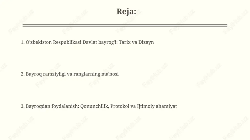 , shakli va o'lchamlarini aniq belgilab beradi. qonunda bayroqdan foydalanish tartibi, jumladan, davlat idoralari, tashkilotlar va o'quv yurtlarida doimiy ravishda ko'tarib turilishi, shuningdek, bayramlarda foydalanish qoidalari batafsil yoritilgan. bayroqdan foydalanish protokoli o‘zbekiston respublikasi bayrog‘i davlat hokimiyati va boshqaruv organlari binolarida doimiy ravishda ko‘tarilishi, o‘rnatilishi lozim, bu qoidaga 1991-yil 18-noyabrdagi qonun bilan aniq rioya etiladi. motam kunlarida o‘zbekiston bayrog‘i ustunning balandligining yarmigacha pastga tushiriladi, bu jarayon davlat protokoli tomonidan belgilangan qat’iy tartibga muvofiq amalga oshiriladi. bayramlarda bayroqni ishlatish o'zbekiston respublikasi davlat bayrog'i mustaqillik kuni kabi milliy bayramlarda tantanali ravishda ko'tariladi, bu erda u milliy birlik va g'ururni anglatadi, paradlar va ommaviy tadbirlarni bezatadi. navro'z kabi madaniy bayramlarda bayroq o'zbek xalqining boy merosini ifodalovchi ramz sifatida namoyish etiladi, an'anaviy marosimlarga chuqur ma'no bag'ishlaydi hamda milliy qadriyatlarni ulug'laydi. davlat ramzlari bilan aloqasi o'zbekiston gerbi 1992-yilda qabul qilingan bo'lib, undagi quyosh va tog'lar tasviri tabiatni ifodalasa, humo qushi davlat ramzi sifatida bayroq bilan bir …