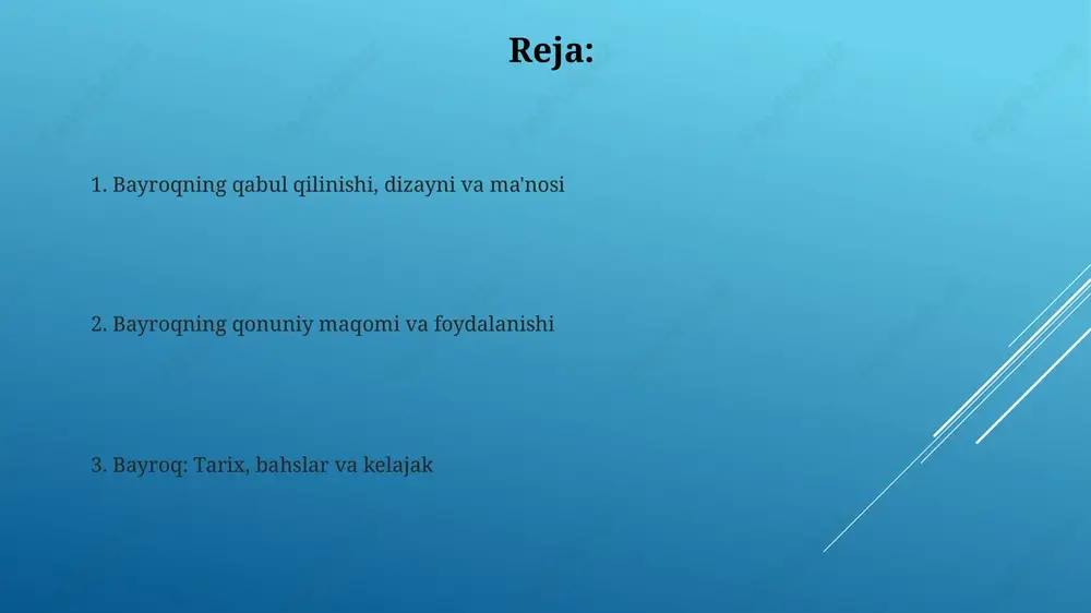 larda foydalanish mustaqillik kuni (1-sentabr) va navro'z bayramida bayroq ommaviy ravishda ko'tariladi, davlat tadbirlarida va xalq sayillarida faxr bilan namoyish etiladi. konstitutsiya kuni (8-dekabr) kabi muhim sanalarda davlat bayrog'i binolarda, ko'chalarda va maydonlarda o'rnatilib, milliy birlikni ifodalash uchun ishlatiladi. bahslar, munozaralar va kelajakdagi o'zgarishlar ehtimoli dastlabki muhokamalarda islomiy yarim oyning ahamiyatini oshirish bo'yicha takliflar bo'lgan, biroq 1991-yildagi qabul qilingan versiyada an'anaviy tasavvuf ramziy ma'nosi saqlanib qolgan. ba'zi guruhlar bayroqdagi 12 ta yulduzni mintaqaviy bo'linish yoki ma'lum qabilalarni ifodalaydi deb hisoblaydi, ammo rasmiy izoh ularning ilmiy va ma'rifiy ildizlarini ta'kidlaydi. e'tiboringiz uchun rahmat slide 1 slide 2 slide 3 slide 4 slide 5 slide 6 slide 7 slide 8 slide 9 slide 10