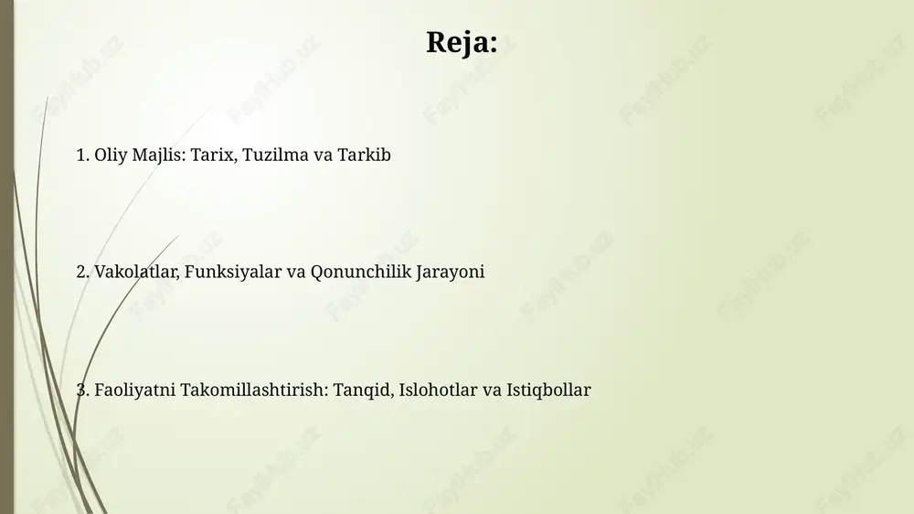 ta turli sohalarga oid qonunlarni tahlil qilib, takliflar beradi. oliy majlis qoʻmitalari 10 dan ortiq aʼzodan iborat boʻlib, ular davlat byudjeti ijrosi ustidan nazorat olib boradi hamda vazirliklar hisobotlarini koʻrib chiqadi. siyosiy partiyalar va fraktsiyalar o'zbekiston oliy majlisida siyosiy partiyalar fraksiyalari partiyalarning saylovda olgan o'rinlariga mutanosib ravishda shakllanadi, masalan, 2024-yilda 5 ta partiya o'rin olgan. fraksiyalar qonun loyihalarini muhokama qilish va ovoz berishda o'z partiyalarining siyosiy pozitsiyalarini ifoda etadi, bu oliy majlisning qonun chiqarish jarayoniga ta'sir qiladi. hisobot berish va javobgarlik oliy majlisning hisobdorligi, senat va qonunchilik palatasining har biri yiliga kamida bir marta o'z faoliyati to'g'risida xalqqa hisobot berishini nazarda tutadi. deputatlar o'z saylov okruglarida kamida ikki marta uchrashuvlar o'tkazib, saylovchilar oldida o'z faoliyatlari haqida hisobot berishlari shart, bu hisobotlar ommaviy axborot vositalarida yoritiladi. e'tiboringiz uchun rahmat slide 1 slide 2 slide 3 slide 4 slide 5 slide 6 slide 7 slide 8 slide 9 slide 10