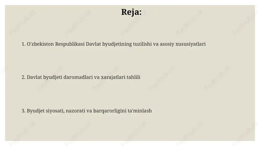 va ijtimoiy himoya kabi yo‘nalishlarga yo‘naltirildi. ustavor yo'nalishlar orasida ta'lim xarajatlari alohida o'rin tutadi, maktabgacha ta'limdan tortib oliy ta'limgacha bo'lgan barcha bosqichlarni rivojlantirishga qaratilgan mablag'lar ajratiladi. byudjet jarayoni va byudjet siyosati byudjet jarayoni byudjet loyihasini ishlab chiqishdan boshlanadi, bu jarayon davlat organlari tomonidan kelgusi moliya yili uchun daromadlar va xarajatlar prognozini o'z ichiga oladi. o'zbekistonda byudjet siyosati fiskal barqarorlikni ta'minlashga qaratilgan bo'lib, davlat qarzi yalpi ichki mahsulotning ma'lum bir foizidan oshmasligini nazorat qilish muhim ahamiyatga ega. byudjet siyosati soliq yukini kamaytirish, iqtisodiyotni qo'llab-quvvatlash va ijtimoiy sohalarni rivojlantirish kabi bir qator vazifalarni o'z ichiga oladi va 3 yillik strategiyaga asoslanadi. byudjet nazorati, hisobdorlik va oshkoralik hisobdorlik, davlat byudjeti mablag'laridan foydalanishning barcha bosqichlarida shaffoflikni ta'minlaydi. bu xarajatlarning maqsadga muvofiqligi va samaradorligini oshirishga yordam beradi. byudjet nazorati oliy majlis senati tomonidan amalga oshiriladi, u davlat byudjetining ijrosi to'g'risidagi hisobotni tasdiqlashdan oldin uni ko'rib chiqadi va baholaydi. byudjet oshkoraligi fuqarolarning byudjet ma'lumotlariga erkin kirishini …