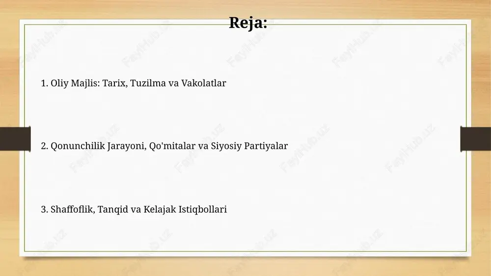 ziladi. tanqid, islohotlar va kelajak istiqbollari tanqidlar asosan qonun loyihalarini muhokama qilishda jamoatchilik ishtiroki cheklangani va qonun chiqaruvchi organning ijro hokimiyatiga nisbatan yetarlicha nazorat o‘rnatmaganiga qaratilgan. 2021-yilgi konstitutsiyaviy islohotlardan so'ng bu tanqidlar o'z dolzarbligini yo'qotdi. oliy majlis 2019-yildan boshlab qonun chiqarish jarayonini soddalashtirish, 150 dan ortiq yangi qonunlarni qabul qilish va komitetlar faoliyatini takomillashtirish orqali modernizatsiya yo‘lini tutdi. e'tiboringiz uchun rahmat slide 1 slide 2 slide 3 slide 4 slide 5 slide 6 slide 7 slide 8