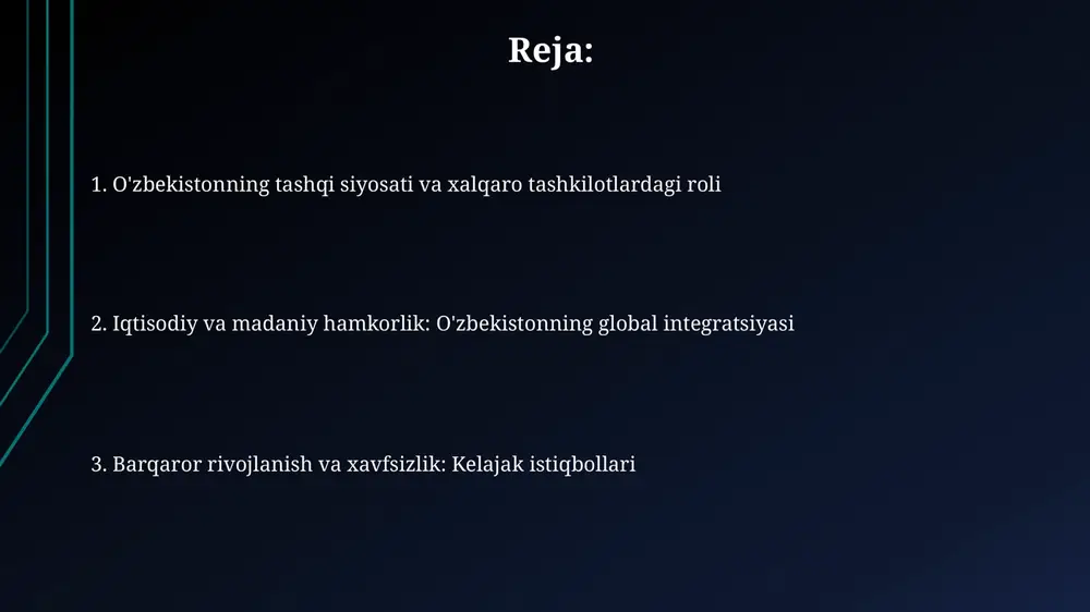 wto bilan hamkorlikni rivojlantirib, 2023-yilda eksport hajmini 20% ga oshirishni maqsad qilgan, bu esa tashqi savdo aylanmasini sezilarli darajada oshiradi. madaniy va gumanitar aloqalarni rivojlantirish oʻzbekiston unesco bilan hamkorlikda 8 ta madaniy meros obyekti va 5 ta nomoddiy meros elementini roʻyxatga kiritdi, bu esa madaniy boylikni jahon miqyosida targʻib qiladi. 2023-yilda oʻzbekiston 40 dan ortiq davlatlar bilan madaniy almashinuv dasturlarini amalga oshirdi, shu jumladan, teatr festivallari va san’at koʻrgazmalari tashkil etildi. oʻzbekiston xorijiy talabalar uchun 1000 dan ortiq grant ajratdi, bu esa xalqaro ta’lim aloqalarini mustahkamlaydi va madaniy tushunishni oshiradi. xavfsizlik va barqarorlik sohasidagi hamkorlik o'zbekiston markaziy osiyo davlatlari bilan chegaralar xavfsizligini ta'minlash va transchegaraviy jinoyatchilikka qarshi kurashish bo'yicha hamkorlikni faol rivojlantirmoqda, bunda chegara xizmatlari o'rtasidagi aloqalar muhim rol o'ynaydi. o'zbekistonning shanxay hamkorlik tashkiloti (shht) doirasidagi faoliyati mintaqaviy xavfsizlikni mustahkamlash, terrorizm, ekstremizm va separatizmga qarshi kurashishda muhim ahamiyatga ega, shu jumladan, 2010-yildagi toshkent deklaratsiyasi. o'zbekiston bmtning global antiterror strategiyasini milliy …