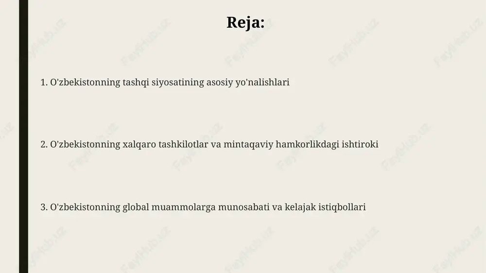 rlik doirasida 2018-yilda markaziy osiyo davlatlari rahbarlarining maslahat uchrashuvlarini qayta tikladi, bu esa siyosiy ishonchni mustahkamlashga xizmat qildi. o'zbekistonning mintaqaviy siyosati savdo-iqtisodiy aloqalarni rivojlantirishga qaratilgan bo'lib, 2023-yilga kelib mintaqaviy tovar aylanmasi 5 milliard dollardan oshdi. o'zbekistonning qo'shni davlatlar bilan munosabatlari o'zbekiston markaziy osiyodagi qo'shnilari bilan yaxshi munosabatlarni o'rnatishga ustuvor ahamiyat beradi, bu siyosat mintaqaviy barqarorlik va iqtisodiy integratsiyani kuchaytirishga qaratilgan. 2016-yildan boshlab o'zbekiston qo'shni davlatlar bilan chegara masalalarini hal qilishda sezilarli muvaffaqiyatlarga erishdi, bu esa o'zaro savdo va transport aloqalarini rivojlantirishga imkon yaratdi. o'zbekiston qo'shni davlatlar bilan suv resurslaridan oqilona foydalanish bo'yicha muzokaralarni faol olib bormoqda, bu mintaqaviy barqarorlikni ta'minlashning muhim omili hisoblanadi. o'zbekistonning iqtisodiy diplomatiyasi mamlakatimiz ikki tomonlama savdo-iqtisodiy hamkorlik bo'yicha 30 dan ortiq hukumatlararo komissiyalar bilan faol ish olib boradi, bu savdo aylanmasini oshirishga yordam beradi. o'zbekiston iqtisodiy diplomatiyasining asosiy yo'nalishi 2017-yildan buyon investitsiya jalb qilishga qaratilgan bo'lib, 100 dan ortiq loyihalar amalga oshirilmoqda. o'zbekistonning iqtisodiy diplomatiyasi jahon …