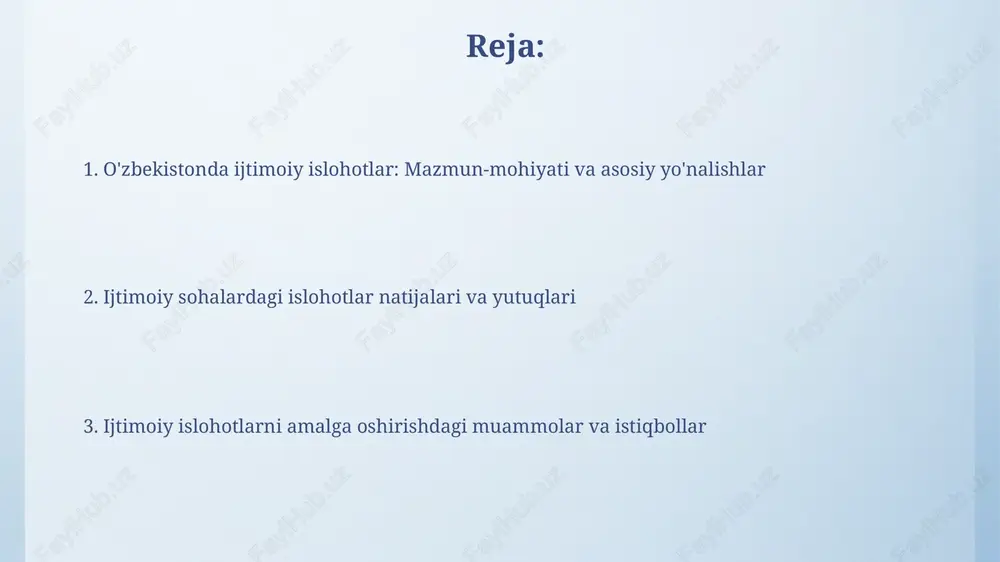 bni qondirishga e'tibor qaratilmoqda. gender tenglik va kambag'allikka qarshi kurash gender tenglikni ta'minlashda 2030 yilgacha bo'lgan davrda bmtning barqaror rivojlanish maqsadlariga erishish uchun milliy strategiyalar muhim ahamiyatga ega. kambag'allikka qarshi kurashish dasturlari 2022 yilda kam daromadli oilalarga 1,5 milliondan ortiq ish o'rinlari yaratishga qaratilgan kasbiy ta'limni o'z ichiga oladi. islohotlarning natijalari, muammolari va istiqbollari islohotlar natijasida aholining real daromadlari 12 foizga oshdi, lekin mintaqalararo tengsizlik muammosi saqlanib qolmoqda. bu muammoni hal etish uchun hududlarni rivojlantirish dasturlari ishlab chiqilishi zarur. kambag'allikka qarshi kurashish islohotlari doirasida 800 mingdan ortiq fuqaro kam ta'minlanganlik holatidan chiqarildi. ammo, islohotlarning barqarorligini ta'minlash uchun yangi ish o'rinlari yaratish kerak. e'tiboringiz uchun rahmat slide 1 slide 2 slide 3 slide 4 slide 5 slide 6 slide 7 slide 8 slide 9