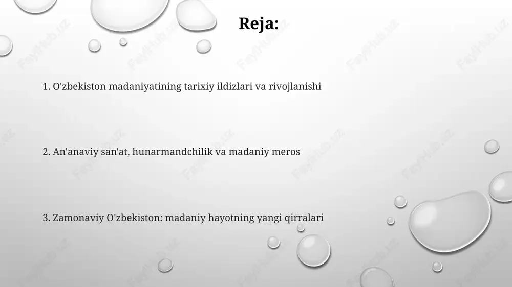 zm lazgisi, oʻzining 6000 yillik tarixiga ega boʻlib, unesco roʻyxatiga kiritilgan. bu raqsda har bir harakat insonning his-tuygʻularini ifodalaydi. oshxona va mehmondo'stlik o'zbek oshxonasi o'zining boyligi bilan mashhur, 100 dan ortiq turli xil palov retseptlari mavjud bo'lib, ularning har biri mintaqaga xos ingredientlar va pishirish usullaridan foydalanadi. mehmondo'stlik o'zbek madaniyatining ajralmas qismi bo'lib, mehmonlarga hurmat ko'rsatish uchun kamida 3 ta taom (non, meva, choy) tortiq qilinadi va dasturxon bezatilishi muhim. o'zbekistonda non asosiy oziq-ovqat hisoblanadi, ayniqsa tandirda pishirilgan nonning 50 dan ortiq turi mavjud va uni hurmat bilan sindirish kerak, hech qachon yerga tashlab bo'lmaydi. urf-odatlar, marosimlar va oilaviy qadriyatlar navro'z bayramida sumalak tayyorlash marosimi oila va qo'shnilarning hamjihatligini namoyon etadi; 7 turdagi don mahsulotlaridan iborat bu taom bahor va yangilanish ramzi sifatida qadrlanadi. o'zbek oilalarida erta turmush qurish holatlari kamayib bormoqda, lekin ba'zi qishloq joylarida 18 yoshga to'lmasdan nikohdan o'tish an'anasi saqlanib qolgan bo'lib, bu ko'pincha o'zbek urf-odatlarida muhim …