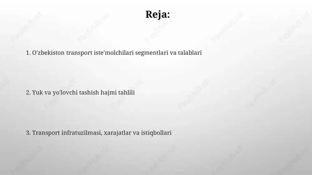 yosati va innovatsiyalar transport sohasida raqobat asosan xususiy tashuvchilarning kirib kelishi bilan kuchaydi, bu esa narxlarni optimallashtirish va xizmat sifatini oshirishga uringan 750 dan ortiq korxonalarni qamrab oladi. davlat siyosati transport infratuzilmasiga 2 milliard aqsh dollaridan ortiq investitsiya kiritish orqali sohani rivojlantirishga qaratilgan bo'lib, bu esa xalqaro transport koridorlarini yaxshilaydi. o'zbekistonda transportni rivojlantirish istiqbollari o'zbekistonda 2030 yilgacha transport infratuzilmasini modernizatsiya qilish rejalashtirilgan, bu esa 5000 km yangi temir yo'llar va 10000 km avtomobil yo'llarini qurishni o'z ichiga oladi. logistika markazlarini rivojlantirish orqali tranzit salohiyatini oshirish, shu jumladan "angren" logistika markazini kengaytirish va yangi xalqaro transport koridorlarini yaratish ko'zda tutilgan. e'tiboringiz uchun rahmat slide 1 slide 2 slide 3 slide 4 slide 5 slide 6 slide 7 slide 8 slide 9