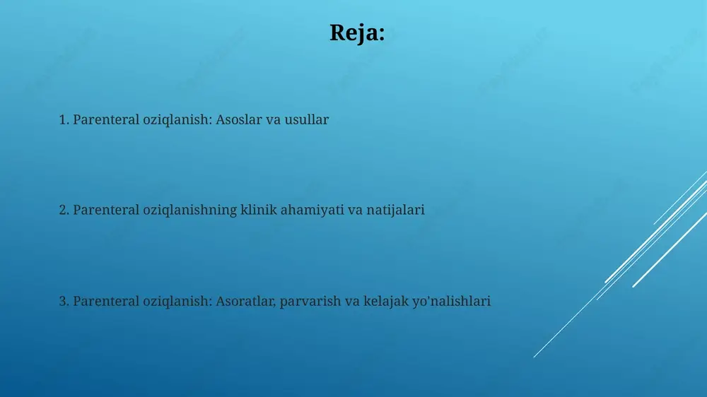 gipoglikemiya (70 mg/dl dan kam) kabi glyukoz metabolizmining buzilishlarini aniqlashga yordam beradi. maxsus populyatsiyalarda parenteral oziqlanish pediatriyada parenteral oziqlanish neonatal davrda 24-48 soat ichida boshlanishi kerak, ayniqsa, prematurity yoki past vazn bilan tug'ilgan chaqaloqlarda, o'sishni qo'llab- quvvatlash va metabolik muvozanatni saqlash uchun. geriatriyada parenteral oziqlanish, yoshga bog'liq o'zgarishlarni hisobga olgan holda tuzilishi kerak, masalan, buyrak funktsiyasining pasayishi, glyukoza tolerantligi kamayishi va suyuqlikni haddan tashqari yuklash xavfini kamaytirish. uyda parenteral oziqlantirish va parvarish uyda parenteral oziqlantirishda (hpn) bemorlar maxsus o'qitiladi: kateterni parvarish qilish, infuziya uskunalarini ishlatish va asoratlarni aniqlash bo'yicha 24/7 qo'llab-quvvatlash liniyasi bilan ta'minlanadi. uyda parenteral oziqlantirish bemorlarga 12 oydan ortiq davom etishi mumkin bo'lgan surunkali ichak yetishmovchiligi holatlarida ambulator sharoitda hayot sifatini yaxshilashga yordam beradi. klinik ahamiyati, xarajatlar samaradorligi va kelajak yo'nalishlari parenteral oziqlanish kritik bemorlarning hayotini saqlab qolishi mumkin, o'lim ko'rsatkichlarini 20-30% ga kamaytiradi, ayniqsa, gi trakti ishlamay qolganda muhim ahamiyatga ega. xarajatlar samaradorligini baholash shuni ko'rsatadiki, kasalxonada …