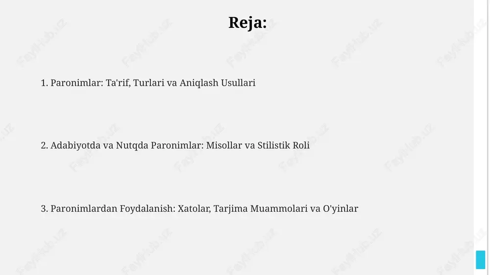 lanishdagi xatolar paronimlarni noto'g'ri ishlatishda semantik xato yuzaga keladi. masalan, "iqtisod" va "iqtisodiyot" o'rnini almashtirish ma'noni buzadi, chunki ularning 1-darajali farqi mavjud. leksik adashishlar paronimlarni chalkashtirish natijasida sodir bo'ladi. "sanoat" va "san'at" so'zlarining o'rnini almashtirish matnning 2- darajali mazmunini o'zgartirib, tushunmovchilikni keltirib chiqaradi. ohangdoshlik tufayli "zilzila" va "zalzala" paronimlari xato ishlatilishi mumkin. ularning 3- darajali farqi talaffuzda sezilmasa-da, ma'nosi butunlay boshqachadir. adabiyot va nutqda paronimlar nutqda paronimlar ko'pincha noaniqlik yoki hazil yaratish uchun qo'llaniladi; masalan, 2 ta so'z o'xshashligi tinglovchining diqqatini jalb qilib, 3- chi ma'noni anglatishi mumkin. adabiyotda paronimlar qahramonlarning xarakterini ochib berish uchun ishlatilishi mumkin, masalan, ismlar o'xshash, lekin ma'nolari 180 darajaga farq qiladi, bu esa 2 tomonda ziddiyatni yaratadi. paronimlar stilistik figura sifatida matnning ta'sirchanligini oshiradi, ayniqsa she'riyatda. misol uchun, 4-misrada 2 so'zning tovushdoshligi ritm va ohangdorlikni kuchaytirib, 10 barobar samarali bo'lishi mumkin. paronimlar lug'atini tuzish paronimlar lug'ati faqatgina 1000 ta so'zni qamrab olmasligi kerak, balki ularning …