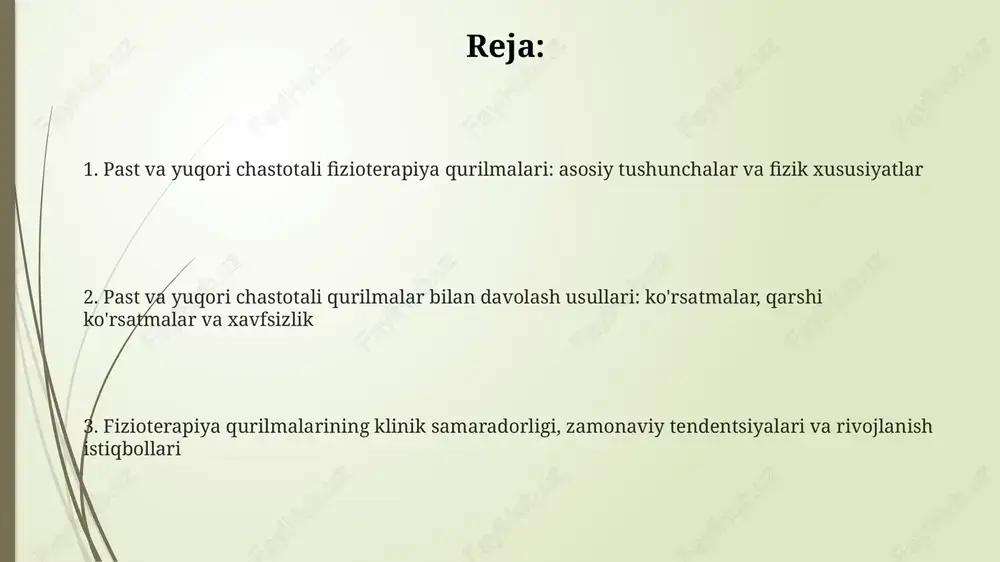 n og'riqni kamaytirish va mushaklarni stimulyatsiya qilish uchun ishlatiladi, shu bilan birga hujayra membranalarining o'tkazuvchanligini oshiradi. galvanizatsiya va elektroforez kabi past chastotali usullar dori moddalarini teri orqali yetkazishga yordam beradi, bu esa mahalliy davolash ta'sirini kuchaytiradi va 1-5 ma dozasida qo'llaniladi. yuqori chastotali qurilmalar: xususiyatlari va qo'llanilishi yuqori chastotali qurilmalar 300 khz dan 300 mhz gacha bo'lgan chastotalarda ishlaydi va to'qimalarda issiqlik hosil qilib, qon aylanishini yaxshilaydi va og'riqni kamaytiradi. induksion diatermiya 10-100 mhz oralig'ida elektromagnit maydon hosil qilib, to'qimalarda chuqur issiqlikni keltirib chiqaradi, bu mushak spazmlarini va bo'g'im qattiqligini kamaytiradi. mikroto'lqinli terapiya 2450 mhz chastotada ishlaydi va suv molekulalarini qizdirish orqali terapevtik ta'sir ko'rsatadi, bu esa yallig'lanishni kamaytiradi va to'qimalarning tiklanishini tezlashtiradi. davolash usullari, ko'rsatmalar va qarshi ko'rsatmalar yuqori chastotali diatermiya mushaklarni bo'shashtirish va og'riqni yo'qotish uchun ishlatiladi, artrit kabi surunkali yallig'lanish kasalliklarida yaxshi foyda beradi, ammo metall implantlarda qo'llash mumkin emas. past chastotali terapiyada og'riqni kamaytirish uchun transkutan …