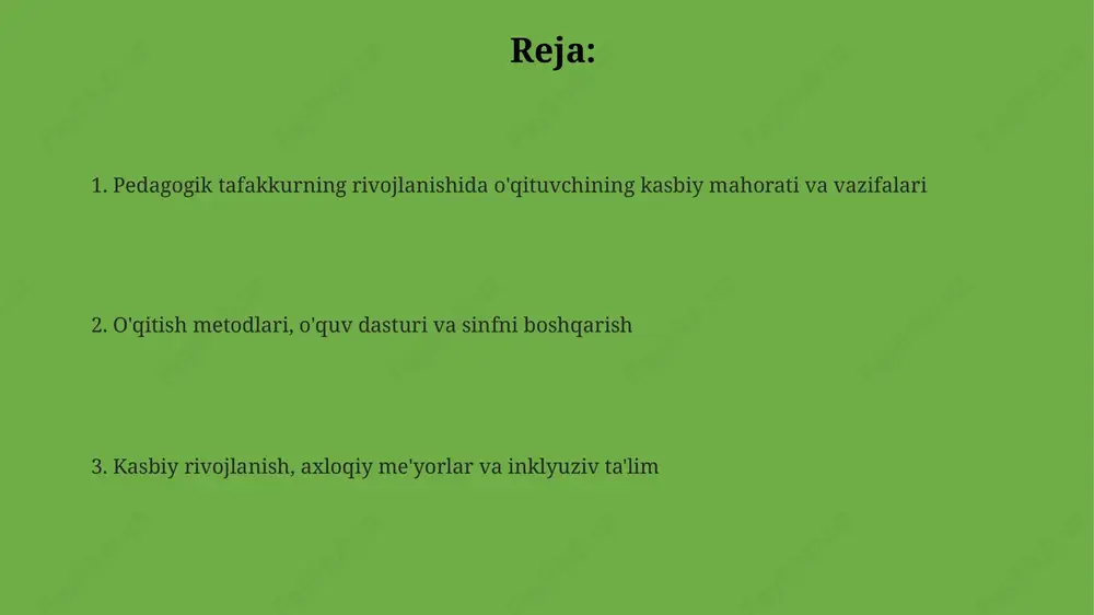 vlar qo'llaniladi va har bir bosqichda maqsad aniq bo'lishi kerak. sinfni boshqarish va o'quvchilarni qo'llab-quvvatlash sinfni boshqarish erta bosqichlarida ijobiy munosabatni yaratish juda muhim, bu esa o'quvchilarni qo'llab-quvvatlash va samarali ta'lim muhitini shakllantirishga yordam beradi. o'quvchilarni qo'llab-quvvatlashning muhim jihati - ularning individual ehtiyojlarini aniqlash va ularga moslashtirilgan ta'lim strategiyalarini qo'llash, shu bilan birga ularning o'sishini ta'minlash. sinfda tartibni saqlash uchun, oldindan aniq qoidalar o'rnatish va ularga qat'iy rioya qilish, shuningdek, o'quvchilarning xatti-harakatlarini doimiy monitoring qilish kerak. ota-onalar bilan hamkorlik va kasbiy rivojlanish o'qituvchilar har yili kamida 40 soatlik kasbiy rivojlanish dasturlarida ishtirok etishi, yangi pedagogik usullar, texnologiyalar va inklyuziv ta'lim bo'yicha ko'nikmalarni oshirishi shart. ota-onalar bilan mustahkam aloqalarni o'rnatish, o'quvchilarning 360 darajalik rivojlanishini ta'minlash uchun zarur, shu jumladan, kundalik ta'limdagi progress va qiyinchiliklar haqida xabardor qilish lozim. o'zaro hurmat va ishonchga asoslangan munosabatlarni shakllantirish uchun ota-onalar bilan muntazam uchrashuvlar (masalan, har chorakda 2 marta), shuningdek, turli tadbirlarni birgalikda tashkil etish …