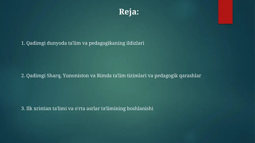 ishga urinilgan. u uch toifali fuqarolar (faylasuflar, askarlar, hunarmandlar) uchun ta'lim tizimini ishlab chiqdi. rim ta'limi va kvintilianning ta'siri rim ta'limi dastlab oilaviy bo'lib, otalar o'g'illariga dehqonchilik va harbiy san'atni o'rgatgan, onalar esa qizlariga uy ishlarini va axloqni o'rgatgan. taxminan miloddan avvalgi 3-asrda yunoniston ta'siri kuchaydi. kvintilianning «notiqlik ta'limoti» (institutio oratoria) asari notiqlik san'ati bo'yicha 12 kitobdan iborat bo'lib, unda nutq madaniyati, uslubi va ta'lim metodlari batafsil yoritilgan, pedagogika uchun muhim qo'llanma bo'lgan. kvintilian ta'limda bolaning individual xususiyatlarini hisobga olish zarurligini ta'kidlagan. u jazolashdan ko'ra rag'batlantirish usulini afzal ko'rgan va o'qituvchilarning yuksak axloqiy fazilatlarga ega bo'lishi muhimligini aytgan. ilk xristian ta'limi va uning tamoyillari xristian ta'limining asosiy maqsadi odamlarni iso masihning ta'limotlariga muvofiq yashashga o'rgatish, ularni 10 ta asosiy amrga rioya qilishga va ibodat qilishga chaqirish edi. ilk xristian ta'limi markaziy ta'lim printsipi sifatida 'sevgi qonuni'ni ilgari surdi, bu esa muqaddas kitobdagi 'o'zingni sevganing kabi yaqiningni sev' iborasida o'z aksini …