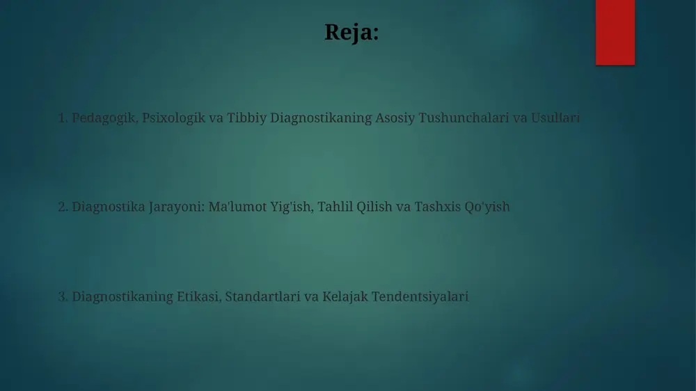 bach alpha koeffitsienti 0.7 dan yuqori) va validligini (mazmun, mezon, konstrukt validligi) ta'minlashi kerak. diagnostika standartlari tibbiyotda laboratoriya testlari uchun iso 15189 kabi akkreditatsiya standartlarini o'z ichiga oladi, bu natijalarning aniqligi va ishonchliligini kafolatlaydi. diagnostik baholash: o'quv jarayoni, rivojlanish, xulq-atvor va kognitiv sohalar o'quv jarayonida diagnostik baholash o'quvchilarning bilimlari va ko'nikmalarini aniqlashga qaratilgan bo'lib, bunda turli testlar va 360 gradusli baholashlardan foydalaniladi. bu o'qitish metodlarini moslashtirishga yordam beradi. rivojlanish diagnostikasida bolaning motorika, nutq, ijtimoiy va kognitiv rivojlanish bosqichlari baholanadi, bu 0 dan 5 yoshgacha bo'lgan bolalar uchun juda muhim ahamiyatga ega. psixologik diagnostika: hissiy va shaxsiy xususiyatlarni aniqlash psixologik diagnostika hissiy jihatlarni baholashda turli xil testlar (masalan, lusher testi) va so'rovnomalardan foydalanadi, ularning aniqligi 70-85% ni tashkil etadi. shaxsiy xususiyatlarni aniqlash uchun mmpi-2 (minnesota ko'p qirrali shaxsiyat inventariyasi) kabi standartlashtirilgan usullar qo'llaniladi, ular 10 ta asosiy shkala bo'yicha baho beradi. tibbiy diagnostika: jismoniy, laboratoriya va instrumental tekshiruvlar jismoniy tekshiruvlar bemorning …