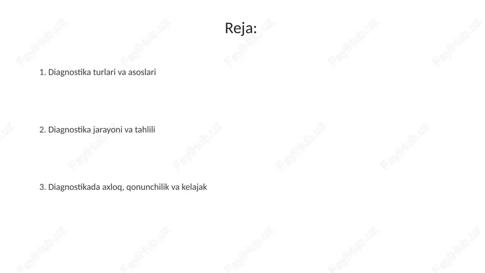usuldan olingan natijalarni birlashtirib, 85% aniqlik darajasiga erishing va xulosalar chiqaring. diagnostika natijalarini interpretatsiya qilish va diagnostika axloqi diagnostika natijalarini talqin qilishda 95% ishonch intervali kabi statistik ko'rsatkichlardan foydalanish, natijalarning aniqligini baholashda muhimdir. axloqiy jihatdan, shaxsiy ma'lumotlar qat'iy sir saqlanishi shart. diagnostika axloqi majburiy rozilik olishni talab etadi, ya'ni mijoz diagnostika maqsadlari, jarayonlari va potentsial ta'sirlari haqida to'liq ma'lumotga ega bo'lishi kerak. natijalarni talqin qilishda noaniqliklar e'tirof etilishi kerak. ma'lumotlarni talqin qilishda 1998- yildagi tibbiy ma'lumotlarni himoya qilish qonuni kabi qonunchilik normalariga rioya qilish, maxfiylikni ta'minlash va diagnostika ma'lumotlarini suiiste'mol qilishning oldini olish uchun muhimdir. yosh guruhlari bo'yicha diagnostika xususiyatlari: bolalar, o'smirlar va kattalar bolalar diagnostikasida 3-6 yoshdagi bolalarning kognitiv rivojlanish darajasini baholashda vizual- harakatli testlar va o'yin terapiyasi keng qo'llaniladi. o'smirlar diagnostikasida 13-17 yoshdagi shaxslarning psixo-emotsional holatini aniqlash uchun anketalar, intervyular va proyektiv usullar, masalan, rorshax testi qo'llaniladi. kattalar diagnostikasida 25-60 yosh oralig'ida kasbiy yo'nalish, shaxsiy xususiyatlar va intellektual …