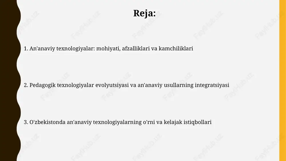 moslashuvchanlikning pastligi va resurslar bilan cheklanganligi. an'anaviy texnologiyalar arzonligi va oson qo'llanilishi bilan ajralib turadi, lekin 30% kamroq zamonaviy usullarga nisbatan interaktivlik va qiziqishni uyg'otishda qiyinchiliklarga duch keladi. zamonaviy pedagogik texnologiyalar bilan integratsiya imkoniyatlari an'anaviy darsliklar va zamonaviy interaktiv doskalarni 50/50 nisbatda birlashtirib, talabalarning diqqatini jamlash va bilim olish samaradorligini oshirish mumkin. o'qituvchilar an'anaviy usullarni qo'llab, 3d modellashtirish dasturlari orqali fanlarni vizualizatsiya qilib, tushunish darajasini 60% ga ko'tarishi mumkin. madaniy moslashuv va an'anaviy texnologiyalarning o'ziga xosligi an'anaviy texnologiyalar mahalliy urf-odatlar va qadriyatlarga moslashishi kerak; masalan, 100 yillik an'anaviy kashtachilik uslublari darslarda vizual qo'llanma sifatida ishlatilishi mumkin. madaniy moslashuv, an'anaviy darsliklarni mahalliy hikoyalar bilan boyitishni o'z ichiga oladi, bu esa talabalarning 75 foizining mavzuga qiziqishini oshirishi mumkin. tarixiy kontekst: o'zbekistonda an'anaviy ta'limning rivojlanishi o'zbekistonda an'anaviy ta'lim 9-12-asrlarda islom madaniyati bilan gullab-yashnagan, madrasalar ilmiy va diniy bilim markazlari bo'lib xizmat qilgan. bu davrda ko'plab olimlar yetishib chiqqan. sovet davrida (1920-1991) an'anaviy ta'lim …