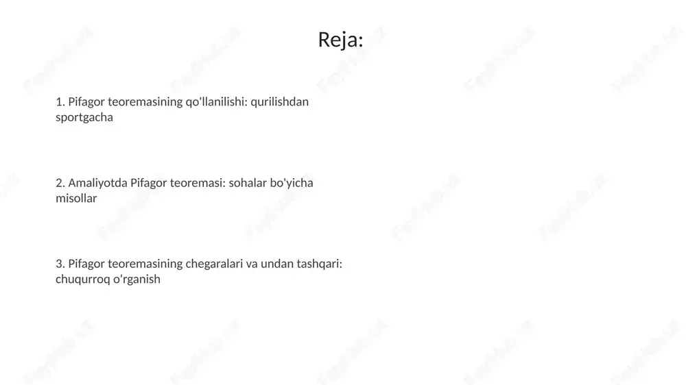ish uchun, agar uning eni 40 dyuym va balandligi 30 dyuym bo'lsa, pifagor teoremasidan foydalanib, diagonal taxminan 50 dyuym ekanligini aniqlaymiz. bog'da to'g'ri burchakli uchburchak shaklidagi gulzor yasashda, katetlari 3 metr va 4 metr bo'lsa, gipotenuzaning uzunligi 5 metr bo'lishini pifagor teoremasi orqali aniqlash mumkin. cheklovlar, alternativalar va xulosalar pifagor teoremasi faqat tekis (evklid) geometriyada to'g'ri burchakli uchburchaklarga nisbatan qo'llaniladi; egri sirtlarda yoki noevklid geometriyada u ishlamaydi, bu uning 2d bilan cheklanishini ko'rsatadi. sferik trigonometriya sferik uchburchaklarni, masalan, global navigatsiya uchun ishlatiladi. kosinuslar qonuni pifagor teoremasining umumlashtirilgan shakli bo'lib, har qanday uchburchak uchun ishlaydi, burchaklar 90 gradusdan farq qilganda ham. e'tiboringiz uchun rahmat slide 1 slide 2 slide 3 slide 4 slide 5 slide 6 slide 7 slide 8 slide 9