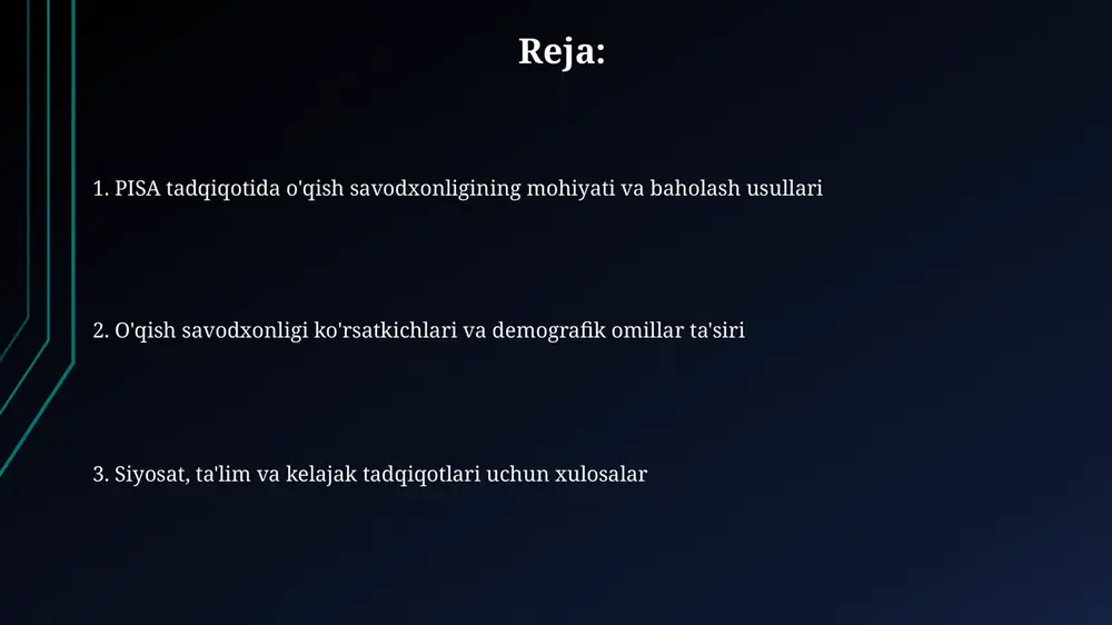 avlodda sezilarli darajada kamayadi. pisa ma'lumotlari shuni ko'rsatadiki, o'quv savodxonligi bo'yicha o'g'il bolalar qiz bolalardan sezilarli darajada orqada qolishadi, bu farq ko'pincha 20-30 ballni tashkil etadi, bu esa bir yillik maktab ta'limiga teng. ijtimoiy-iqtisodiy holatning ta'siri juda katta: yuqori ijtimoiy-iqtisodiy guruhlardan bo'lgan o'quvchilar o'qishda o'rtacha 40-50 ball yuqoriroq ball to'plashadi, bu ikki yillik o'qishga teng. mamlakatlar o'rtasidagi taqqoslash va ta'sir etuvchi omillar mamlakatlar o'rtasida o'qish savodxonligi bo'yicha 2018-yilgi pisa natijalari sezilarli farqlarni ko'rsatadi, masalan, singapur 549 ball bilan eng yuqori o'rinda, ayrim davlatlar esa ancha past ko'rsatkichlarga ega. ijtimoiy-iqtisodiy holat o'qish savodxonligiga ta'sir qiladi; yuqori sesga ega o'quvchilar ko'pincha 30- 40 ballga yuqori natijalarga erishadilar, bu mamlakatlar bo'ylab farq qiladi. ta'lim siyosati, jumladan, o'qituvchilarni tayyorlash va maktab resurslariga sarmoya kiritish, pisa ko'rsatkichlariga ta'sir ko'rsatadi. finlandiya o'qituvchilarning yuqori sifatli tayyorgarligi bilan mashhur. tanqid, cheklovlar va kelajakdagi tadqiqotlar pisa o'lchovlarining chuqurligi cheklangan, sababi u faqat o'qish qobiliyatining tor doirasini baholaydi va ijodiy …