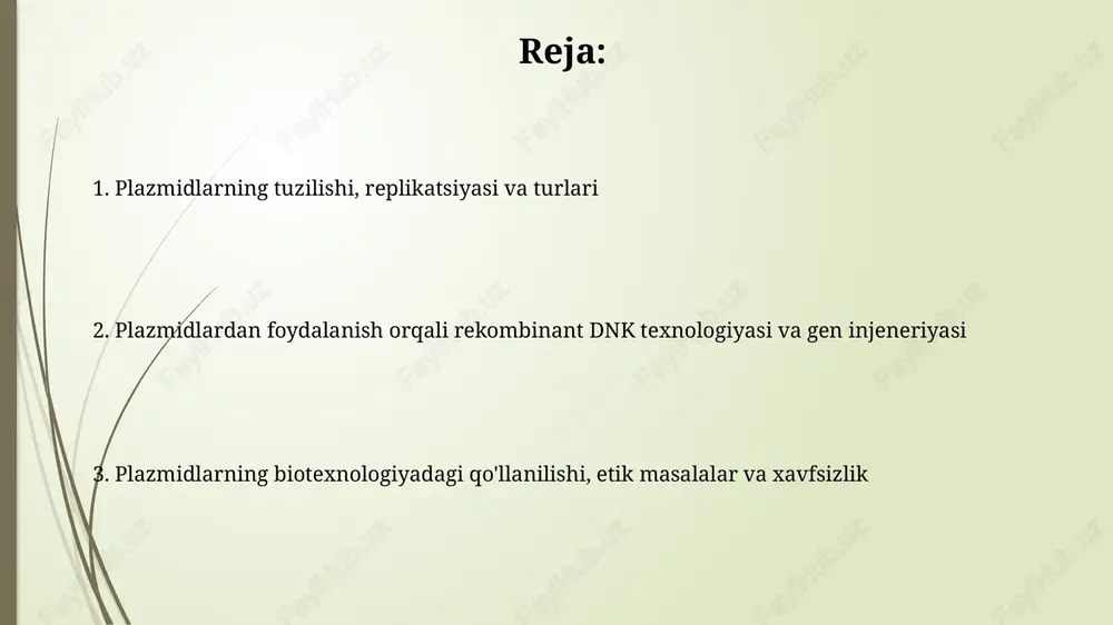 n amalga oshiriladi. plazmid vektorlari va genlarning klonlanishi plazmid vektorlari odatda kichik, dumaloq dnk molekulalari bo'lib, 2000 dan 10000 baz juftligigacha bo'ladi va genlarni klonlash uchun samarali transport vositasi sifatida xizmat qiladi. genlarni klonlashda plazmid vektorlari maqsadli dnk fragmentlarini bakteriyalar kabi mezbon hujayralariga kiritish uchun ishlatiladi, bunda vektorlardagi ko'paytirish qobiliyati muhimdir. plazmidlarning biotexnologiyadagi qo'llanilishi (vaktsinalar, oqsillar) plazmidlar vaktsinalar ishlab chiqarishda genlarni tashish uchun ishlatiladi, bunda antijen gen 1000-5000 nukleotidlik plazmidga kiritilib, immunitetni rag'batlantiradi. biotexnologiyada plazmidlar oqsillarni ishlab chiqarishda xost hujayralarida gen ekspressiyasini oshirish uchun ishlatiladi, natijada maqsadli oqsillarning yuqori miqdori 10-100 mg/l ga yetadi. etik masalalar, xavfsizlik va plazmidlarning barqarorligi plazmidlarning barqarorligi genetik modifikatsiyalarda muhim ahamiyatga ega, 100% saqlanishi uchun eukariotik hujayralarda foydalanishning xavfsiz usullari ishlab chiqilishi kerak. antibiotiklarga chidamlilik genlarining plazmidlar orqali tarqalishi xavfsizlik muammolarini keltirib chiqaradi, bu esa tibbiyotda kasalliklarni davolashda 50-80% muammolarni oshiradi. e'tiboringiz uchun rahmat slide 1 slide 2 slide 3 slide 4 slide 5 slide …