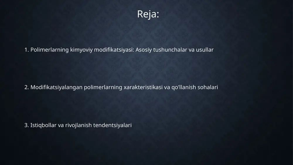monomerlardan ketma-ket takrorlanuvchi bloklar hosil bo'ladi, misol uchun, polistirol-b- polibutadien, bu materiallarga ham plastik, ham elastomer xususiyatlarini beradi. o'zaro bog'lanish va degradatsiya jarayonlari o'zaro bog'lanish polimer zanjirlari orasidagi kovalent yoki ion bog'lanishlari orqali sodir bo'ladi, bu esa molekulyar og'irlikni oshiradi va qattiqlikni oshiruvchi 3d tarmoqni hosil qiladi. degradatsiya esa, polimer zanjirlarining kimyoviy parchalanishi bo'lib, 500 dan kam molekulyar og'irlikdagi kichikroq molekulalarni hosil qiladi, bu esa materialning xususiyatlarini sezilarli darajada o'zgartiradi. radiatsiya bilan bog'langan degradatsiya polimer zanjirlarining beta-parchalanishi, gamma nurlanishi yoki uv ta'sirida uzilishi natijasida yuzaga kelishi mumkin, bu esa materialning mexanik kuchini kamaytiradi. xarakterlash usullari va misollar yadro magnit rezonansi (nmr) spektroskopiyasi polimer zanjiriga kiritilgan funktsional guruhlarning kimyoviy tuzilishini aniqlashga yordam beradi, misol uchun, poliakril kislotasining modifikatsiyasi. gel o'tkazuvchanligi xromatografiyasi (gpc) polimerning molekulyar og'irligini aniqlash uchun ishlatiladi, masalan, polietilen glikol (peg) zanjirining o'rtacha molekulyar og'irligi va dispersiyasini hisoblash. differential skanerlovchi kalorimetriya (dsc) modifikatsiyalangan polimerning termal xususiyatlarini o'lchaydi, masalan, polikaprolaktonning erish …
