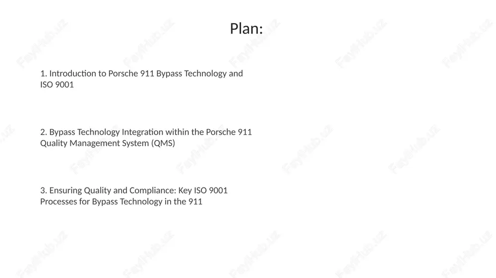 00% functional tests, to ensure adherence to defined specifications and performance criteria. quality control: validation, testing, and traceability validation confirms bypass functionality against porsche 911 specifications, ensuring it meets performance targets defined in the design phase. this includes extensive road testing, with documentation. testing uses standardized methods and calibrated equipment to verify bypass system compliance with iso 9001's performance criteria. it involves rigorous testing under various conditions. continuous improvement: capa, audits, and risk management capa processes within a porsche 911 bypass system, under iso 9001, necessitate detailed root cause analysis of any deviations and documented preventative actions targeting system failures. internal audits, as per iso 9001 section 9.2, are crucial to verify the bypass technology's compliance, triggering capa if issues are found and requiring subsequent follow-up for effectiveness. thank you for your attention slide 1 slide 2 slide 3 slide 4 slide 5 slide 6 slide 7 slide 8 slide …