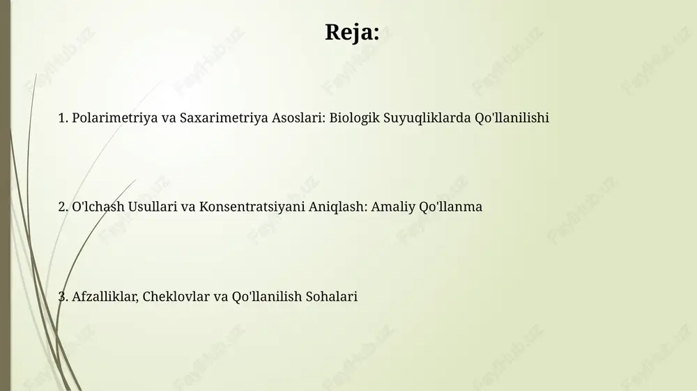 amida uchta o'qish amalga oshiriladi. asboblarni kalibrlash va standartlashtirish polarimetrlarni kalibrlash odatda optik faol standart eritmalardan foydalanishni o'z ichiga oladi, masalan, 10 dan 50 gacha bo'lgan aniq konsentratsiyali saxaroza eritmasi, aniq aylanish uchun sertifikatlangan. asbobni standartlashtirish uchun, nazorat namunalarining seriyasini, masalan, 0.5 dan 1.5 gradusgacha bo'lgan ma'lum aylanish qiymatlari bilan o'lchash muhim, aniqlikni ta'minlash uchun o'lchash oralig'i bo'ylab. konsentratsiyani aniqlash usullari va hisob-kitoblari konsentratsiyani aniqlash uchun polarimetrning ko'rsatkichini solishtirish uchun standart eritmalardan foydalaniladi. masalan, 10% glukoza eritmasi optik aylanishni solishtirish uchun ishlatilishi mumkin. konsentratsiyani hisoblash uchun biot qonunidan foydalanish mumkin: α = [α] * l * c, bu yerda α - o'lchangan aylanish, [α] - solishtirma aylanish, l - yo'l uzunligi (dm), c - konsentratsiya (g/ml). interferentsiya qiluvchi omillar va ularni bartaraf etish namunadagi rangning mavjudligi polarimetriyaga xalaqit berishi mumkin; 420 nm dan past to'lqin uzunliklarida filtrlash yoki mos yozuvlar o'lchovi bu ta'sirni kamaytirishi mumkin. haroratning o'zgarishi optik aylanishni o'zgartiradi. …