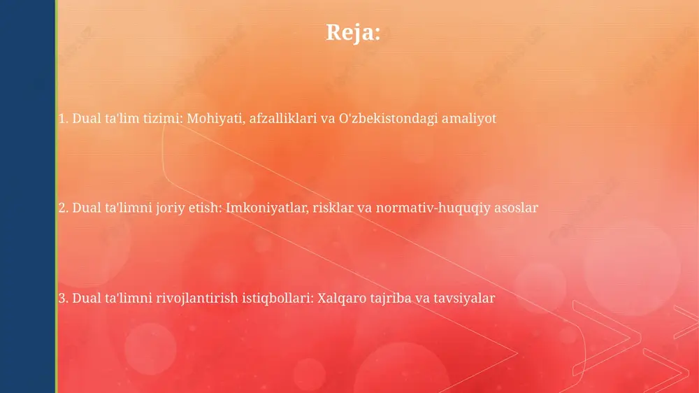 birlashtirishi, professional standartlarga mos bo'lishi va ish beruvchilarning talablarini aks ettirishi zarur. dasturlar modulli bo'lishi, har bir modul aniq o'quv maqsadlariga ega bo'lishi va o'quvchilarning oldingi bilimlari asosida qurilishi lozim. amaliy mashg'ulotlarni tashkil etish amaliy mashg'ulotlar 70/30 nisbatda taqsimlanishi mumkin, bunda 70% ish joyida va 30% ta'lim muassasasida o'tkaziladi, bu talabalarning real ish muhitiga moslashuvini ta'minlaydi. har bir talaba uchun individual amaliy mashg'ulotlar rejasi ishlab chiqiladi, unda 12 haftalik davr mobaynida o'rganiladigan 5-7 ta asosiy kompetensiyalar aniq ko'rsatiladi. o'qituvchi va instruktorlarni tayyorlash o'qituvchilar dual ta'limning 70/30 tamoyiliga muvofiq amaliy ko'nikmalarni o'rgatish uchun maxsus 144 soatlik treningdan o'tishlari kerak, bunda 70% amaliyotga yo'naltirilgan. dual ta'lim instruktorlari 3 yillik tajribaga ega bo'lishi va kamida 2-darajali kasbiy malakaga ega bo'lishi shart, shuningdek, pedagogik tayyorgarlikdan o'tishlari lozim. dual ta'limni moliyalashtirish dual ta'limni moliyalashtirish davlat grantlari, ish beruvchilar investitsiyalari va xususiy mablag'lar aralashmasidan iborat bo'lishi mumkin, bu barqarorlikni ta'minlaydi. o'quv markazlari va korxonalar o'rtasida moliyaviy …