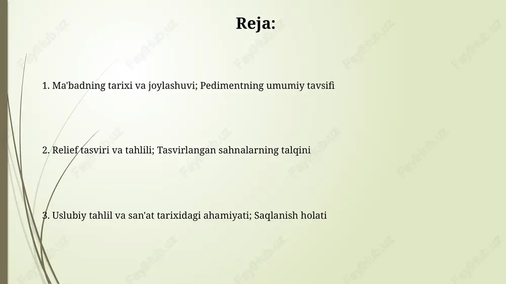 i, taxminan miloddan avvalgi 600- 550 yillarda, anatomik aniqlikning asta-sekin rivojlanishi bilan ajralib turadi. haykallar stilistik jihatdan dorian san'at maktabiga tegishli bo'lib, monumental shakllari va kuchli ifodali pozalari bilan xarakterlanadi, bu esa o'sha davr ibodatxona bezaklariga katta ta'sir ko'rsatgan. saqlanish holati va tiklash ishlari prastimda hera ibodatxonasining ko'p qismi, shu jumladan pediment haykallari ham buzilgan, fragmentar holatda saqlanib qolgan, ko'p qismlari yo'qolgan yoki jiddiy shikastlangan. 19-asrda boshlangan tiklash ishlari davomida topilgan fragmentlar yig'ilib, asl joylashuvi aniqlashga harakat qilingan va mavjud bo'lmagan qismlari taxminiy rekonstruksiya qilingan. ilmiy bahslar va turli nuqtai nazarlar olimlar pedimentdagi sahnalar, ayniqsa, gigantomaxiyaning mavjudligini qanday talqin qilish borasida bahslashadilar; ba'zilar uni mifologik hikoya, boshqalari esa siyosiy ramz deb bilishadi. pedimentning uslubiy xususiyatlari, masalan, draperiya uslubi, olimlar o'rtasida qizg'in munozaralarga sabab bo'ldi; ular 6-asr o'rtalaridagi yunon san'atiga tegishlimi yoki yo'qmi. e'tiboringiz uchun rahmat slide 1 slide 2 slide 3 slide 4 slide 5 slide 6 slide 7 slide …